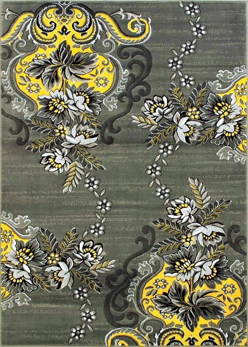 Champion Rugs Champion Rugs Modern Floral Traditional Yellow Grey Black Area Rug Carpet (5 3 X 7 5)
