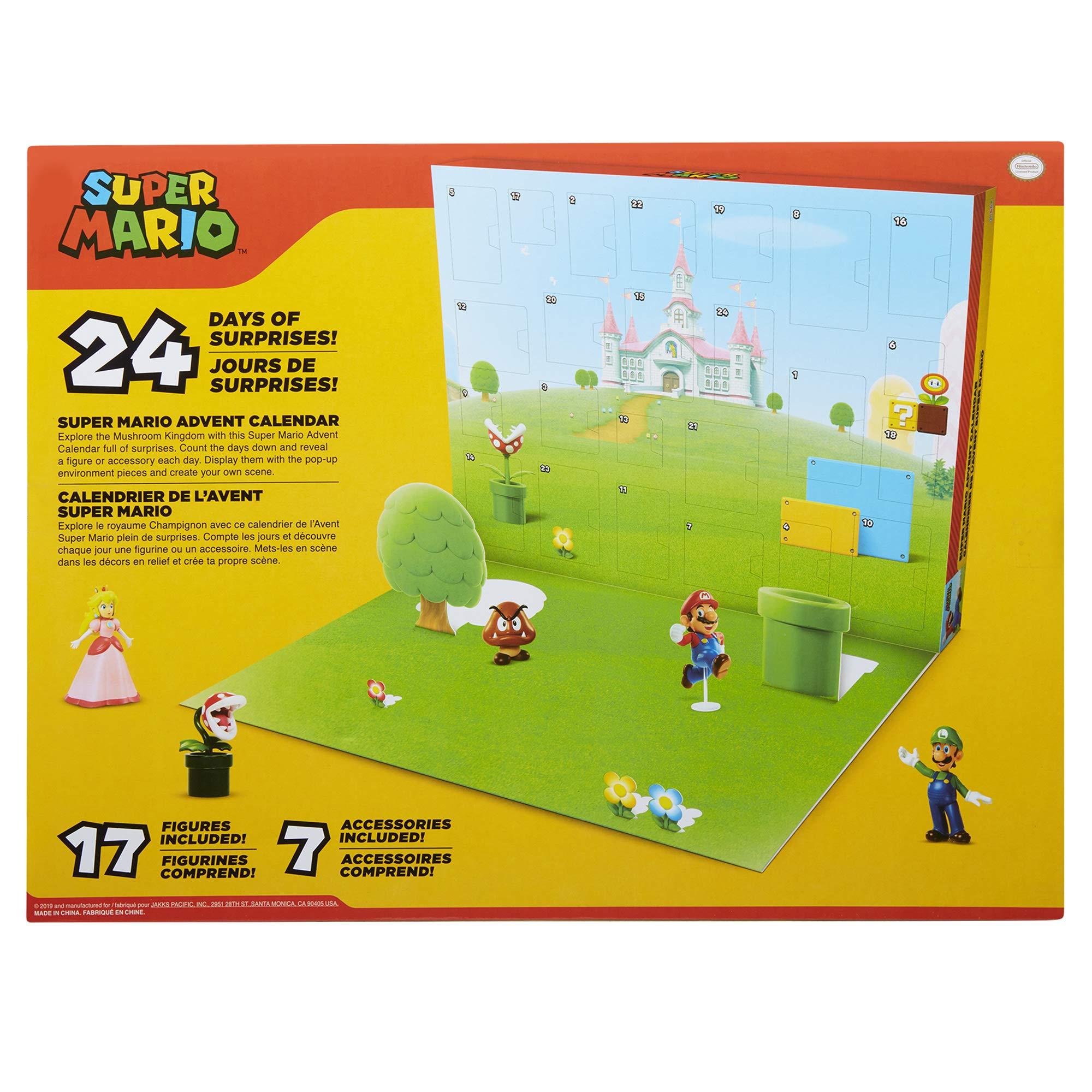 Super Mario Super Mario Nintendo 2024 Advent Calendar Christmas Holiday Calendar with 17 Articulated 2.5 Action Figures & 7 Accessories, 24 Day Surprise Countdown with Pop-Up Environment [Amazon Exclusive]