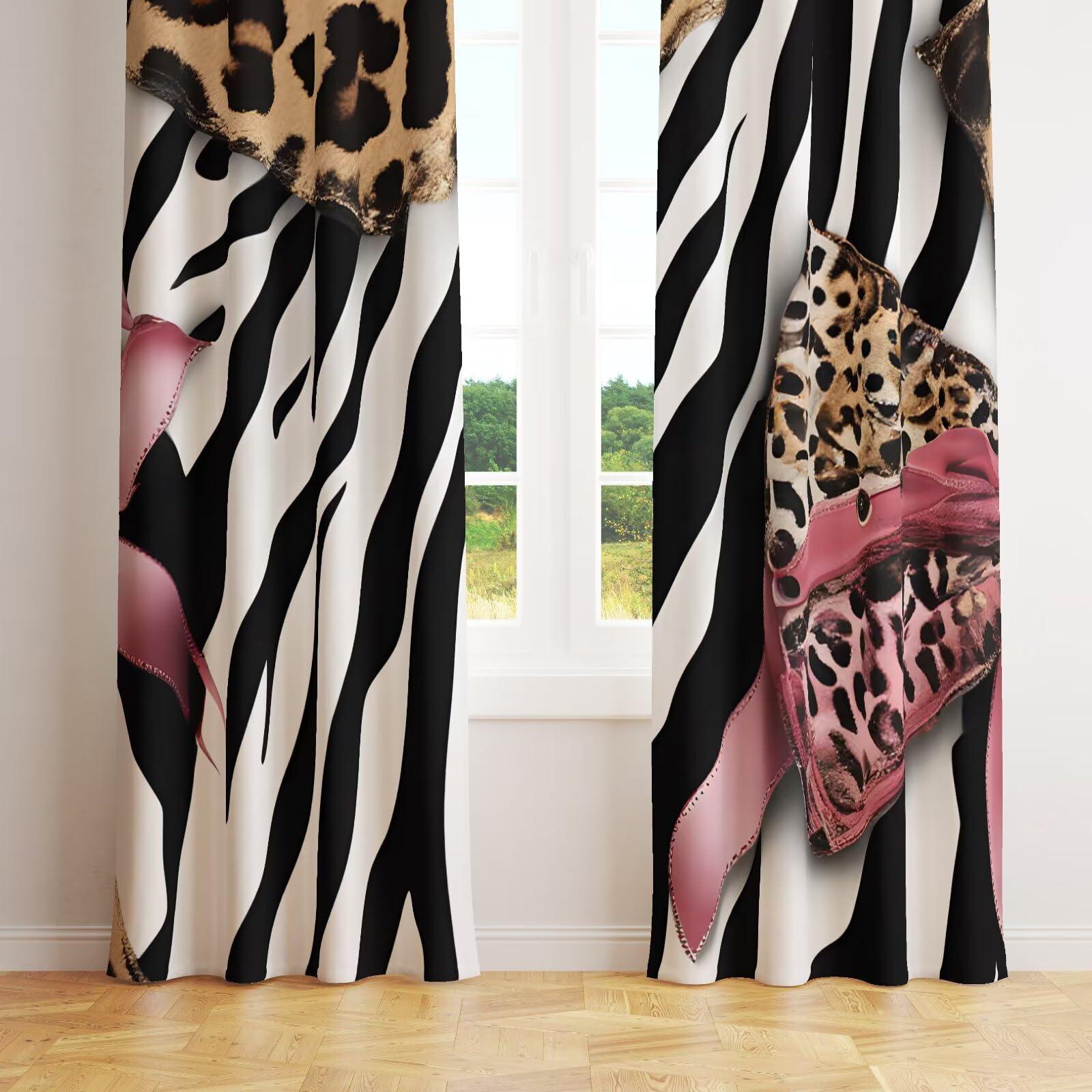 FENGLIE FENGLIE Red Bow Leopard Print Curtains Black and White Textured Blackout Curtains for Bedroom Living Room Grommets Curtains 84" W X 84" L