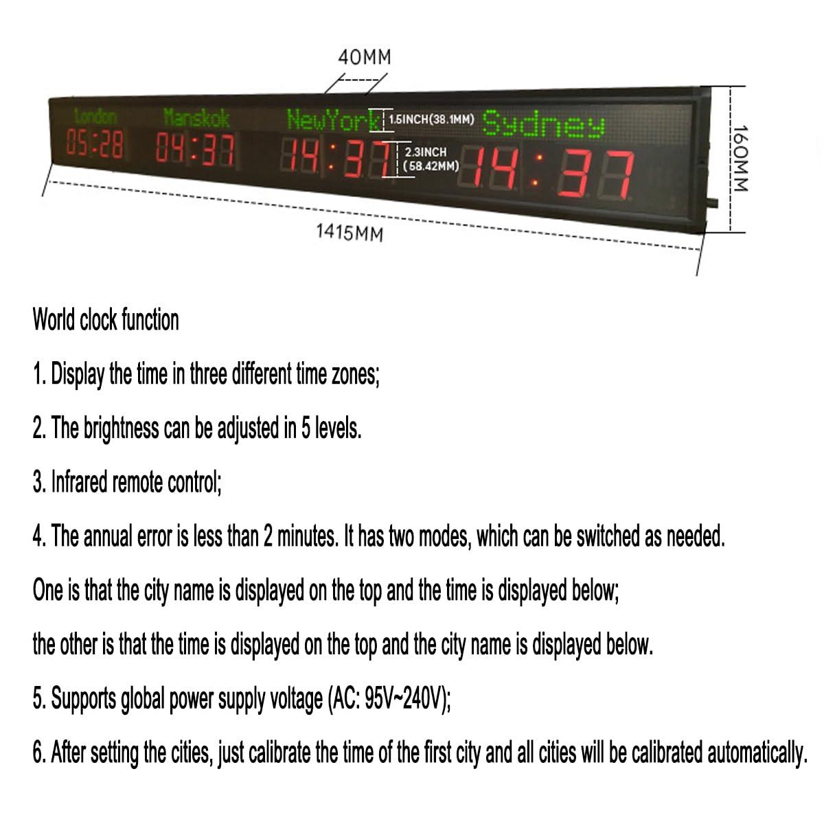 QYLTTDM QYLTTDM LED World Wall Clock, Digital World Time Zone Clock, Large World Wall Clock, Brightness Adjustable in Five Levels, for Hotels, Airports, Entertainment Venues, Multinational Enterprise