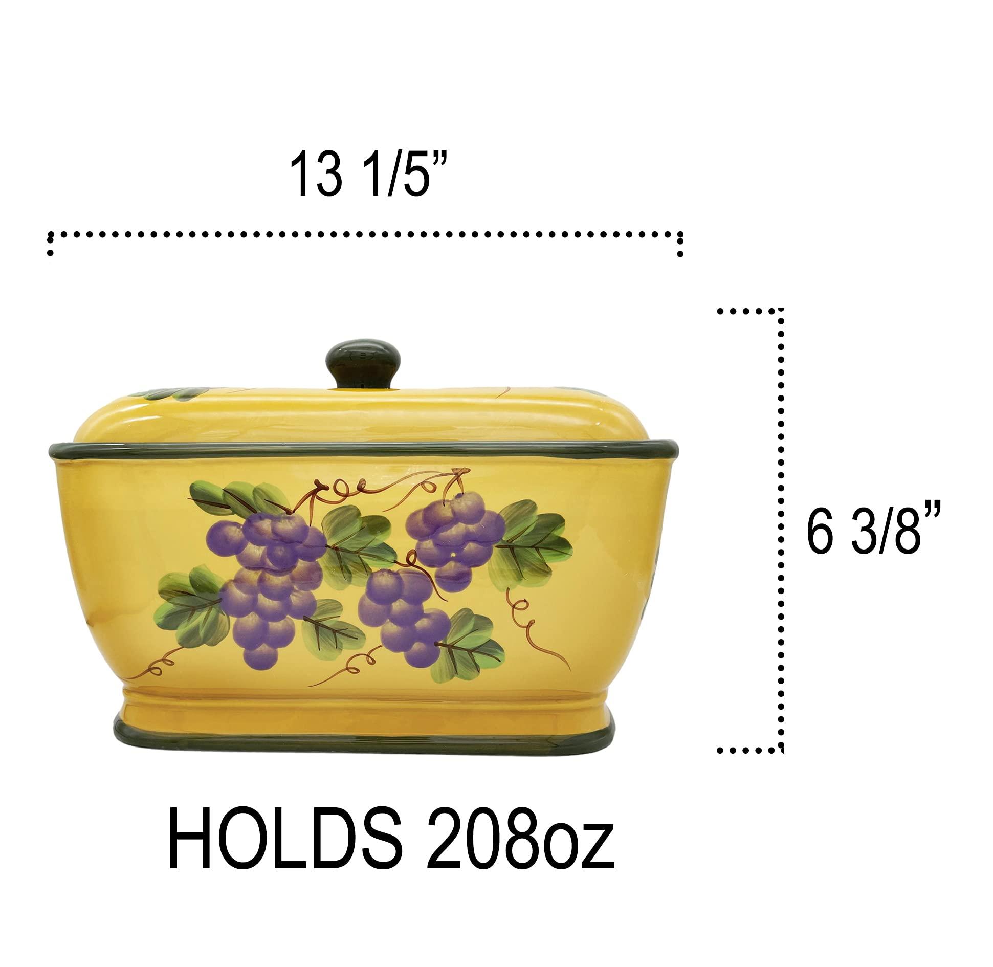 ACK ACK Decor Grape Desing Tuscany Wine Hand Painted Ceramic Collection Bread Box with Rubber Seal, Bread Storage Container, Kitchen Decor Organizer