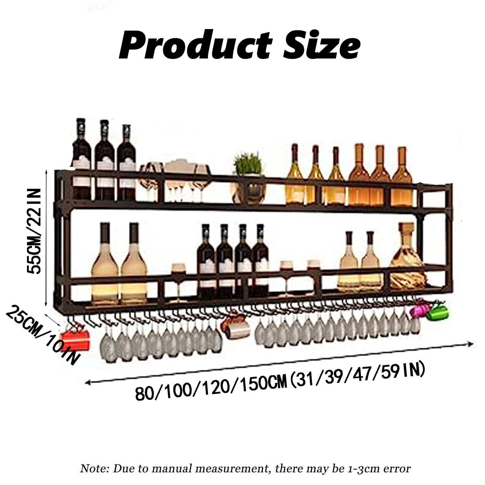 JOSKAA Wall Mounted Wine Rack with LED Light, Metal Floating Shelves for Liquor Bottles & Wine Glasses, Multi Functional Storage Shelf Wine Storage Display Rack for Home, Restaurant, Bars,Gold-150x25x55CM