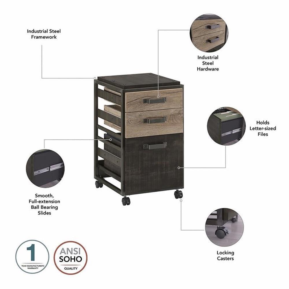 Bush Business Furniture Bush Furniture Refinery L Shaped Industrial Desk with 3 Drawer Mobile File Cabinet, 62W, Rustic Gray
