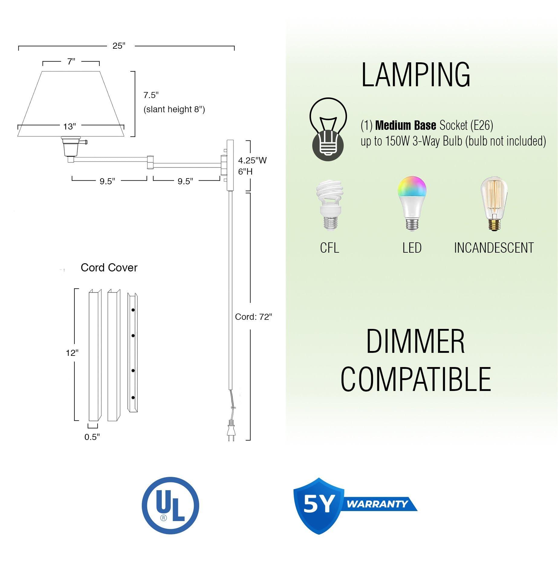 Kira Home Kira Home Cambridge 13\" Swing Arm Wall Lamp - Plug in/Wall Mount + Golden Bronze Fabric Shade, 150W 3-Way, Black Finish, 2-Pack
