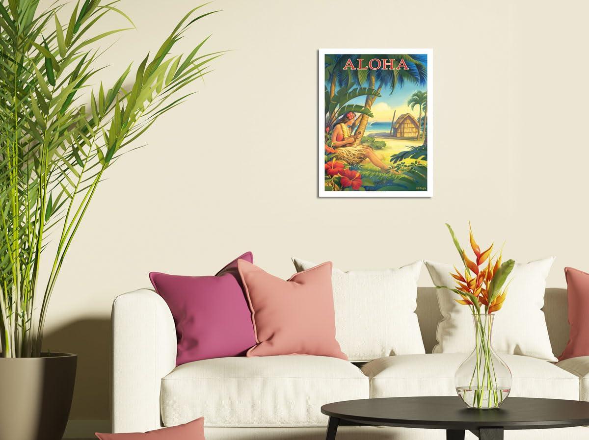 Pacifica Island Art Aloha - Hawaii - Hula Dancer with Ukulele - Vintage Hawaiian Travel Poster by Kerne Erickson - Fine Art Rolled Canvas Print 20in x 26in