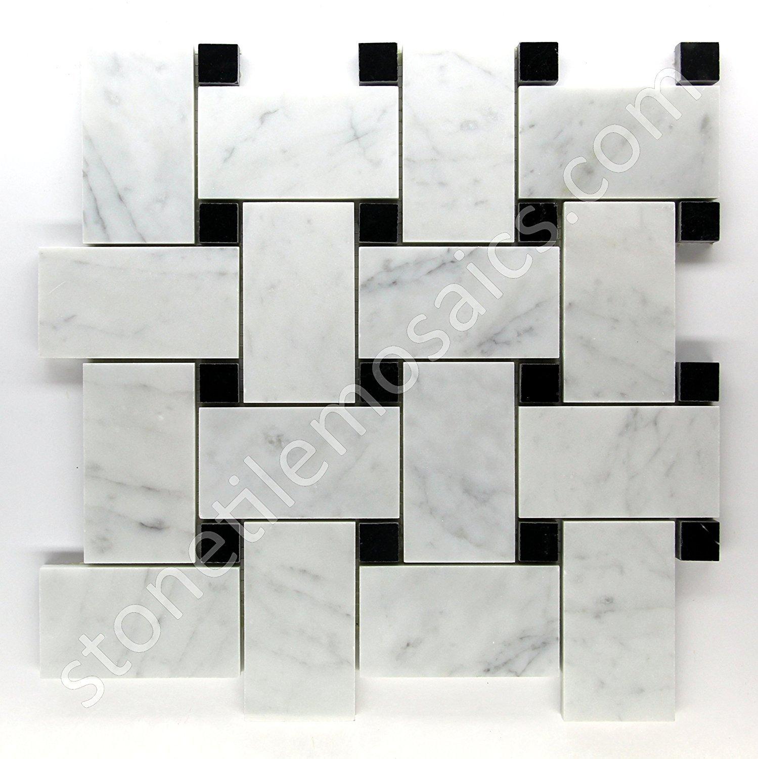 Carrara Marble Italian White Basketweave Mosaic Carrara Marble Italian White Bianco Carrera Large Size Big Basketweave Mosaic Tile with Nero Black Dots Honed