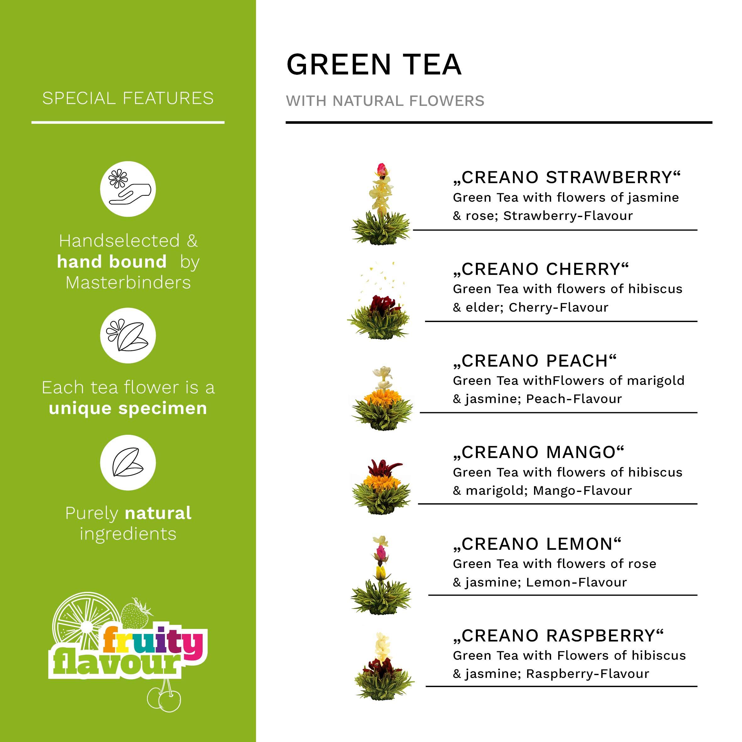 Creano Creano Blooming Tea Gift Set with Glass Teapot 17oz (500ml) - Green Tea Fruity Flavoured Tea Flowers in 6 Varieties - Flowering Tea Gift for Easter
