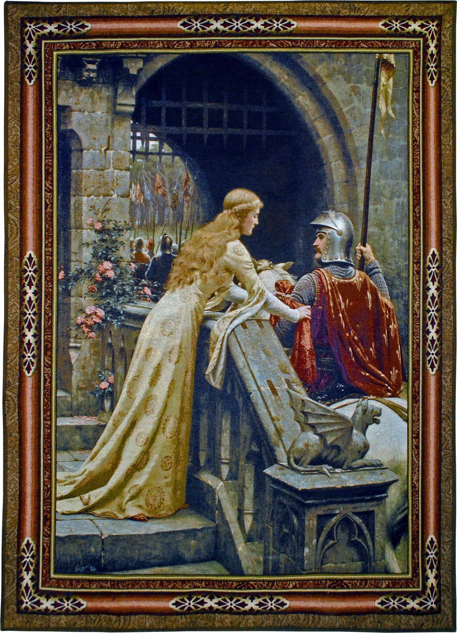 Fine Art Tapestries Godspeed by Edmund Blair Leighton | Woven Tapestry Wall Art Hanging | Medieval Lady with Arthurian Knight | 100% Cotton USA Size 53x40