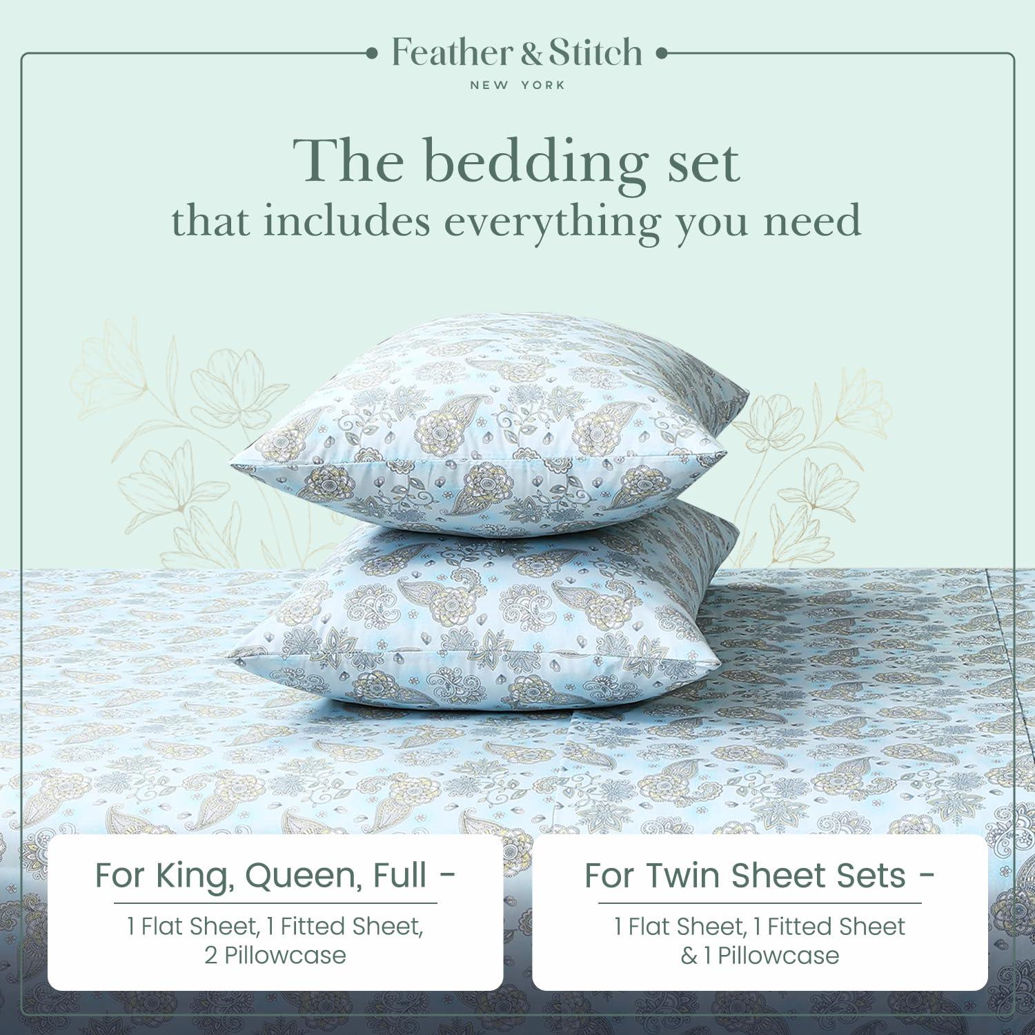 FEATHER & STITCH NEW YORK Feather & Stitch Softest 100% Cotton Sheets, 300 Thread Count Percale Weave Bedding, 16\" Deep Pocket, Cooling Sheets, Breathable Bed Set, Hotel Premium Quality (Twin, Aqua Paisley)
