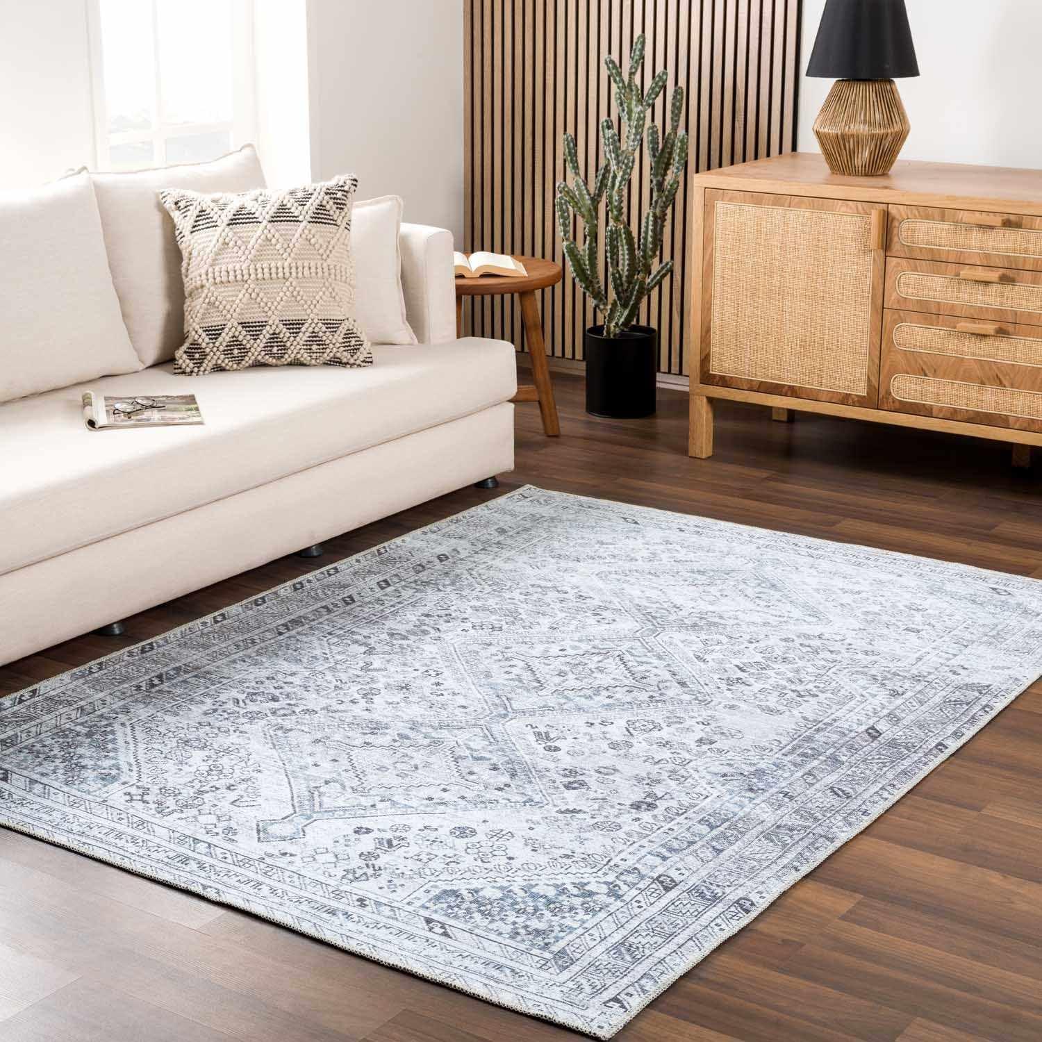 BoutiqueRugs BoutiqueRugs Barny Traditional Area Rug - Machine Washable - Off White, Denim, Charcoal - 6'7" x 9'