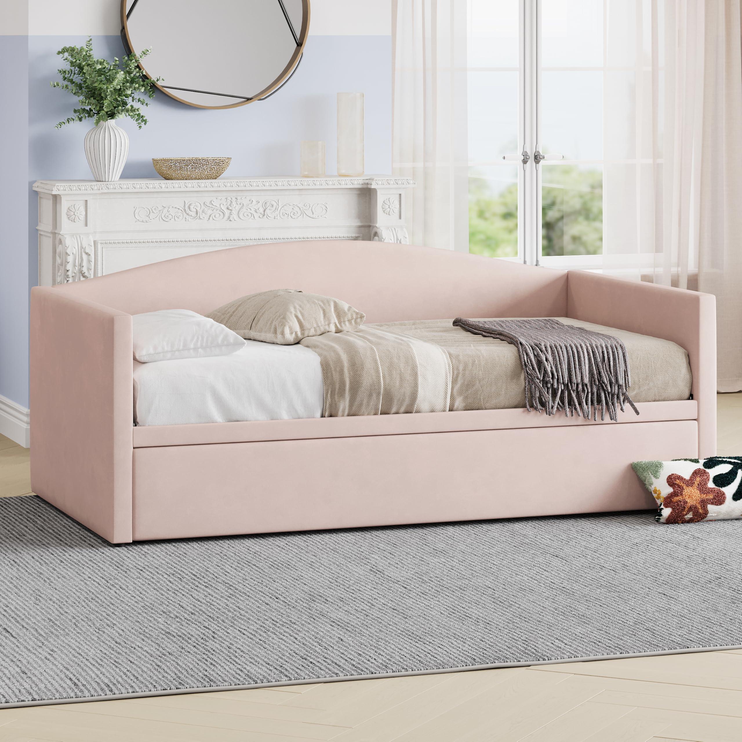 Merax Merax Twin Size Velvet Daybed with Extended Pop Up Trundle, Upholstered Sofa Bed Daybed, Space-Saving Twin to King Design for Guest Room, Pink