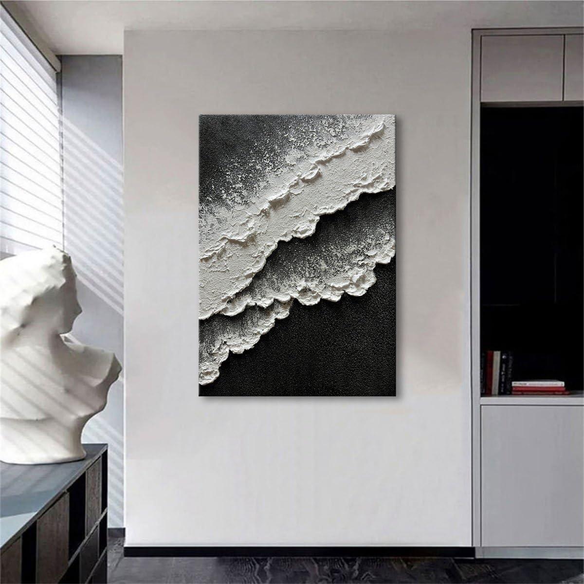 Slyart Slyart Handmade Black and White Ocean Wave Wall Art 28x40 Inches Modern Abstract Beach Canvas Painting Texture Vertical Wall Art for Living Room Bedroom