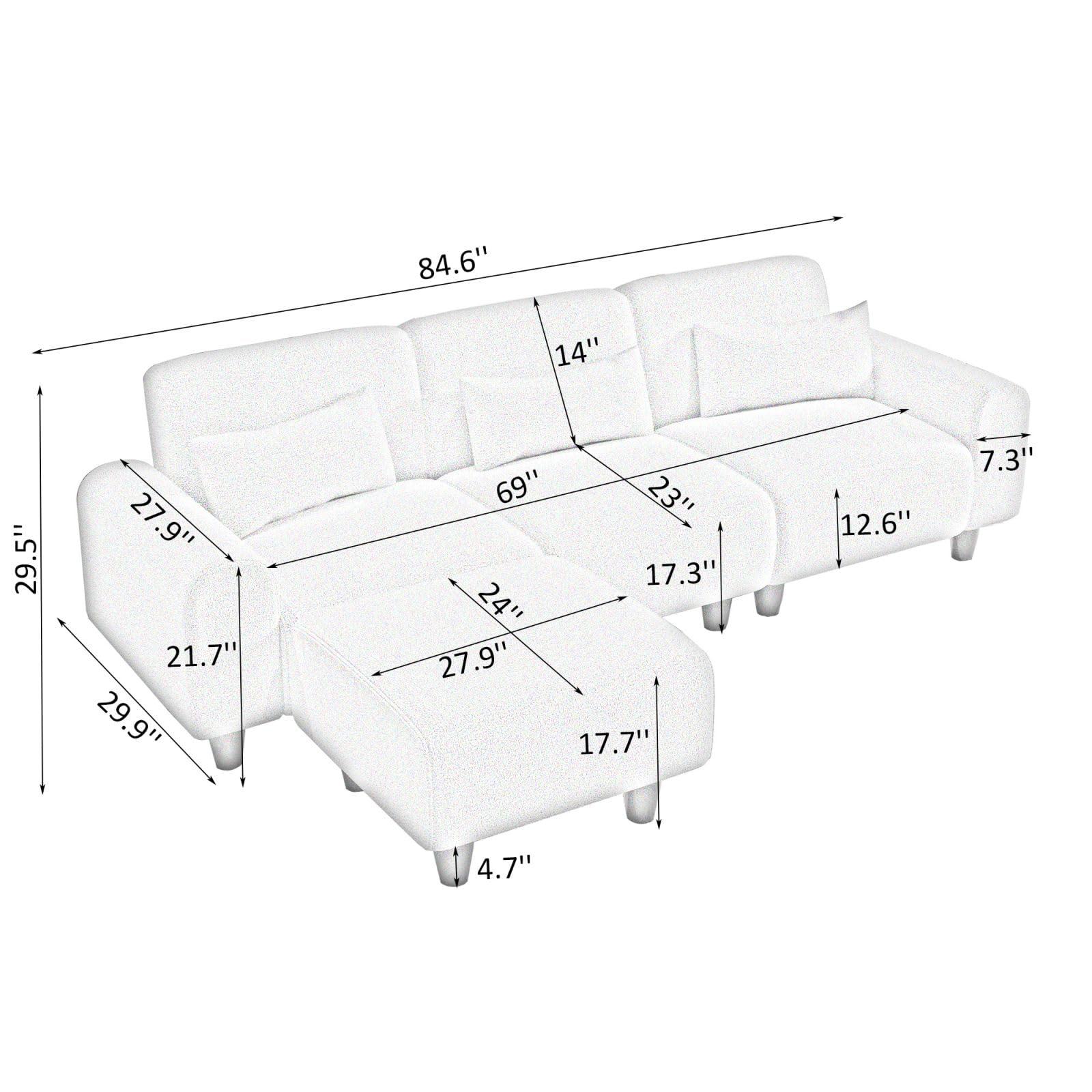KEVINSPACE KEVINSPACE 84.6" Convertible Sectional Sofa Couch 3-Seat Couch with Convertible Ottoman 3 Pillows Teddy Fabric L-Shape Sofa Indoor Furniture Small Couch for Living Room Apartment Office Orange