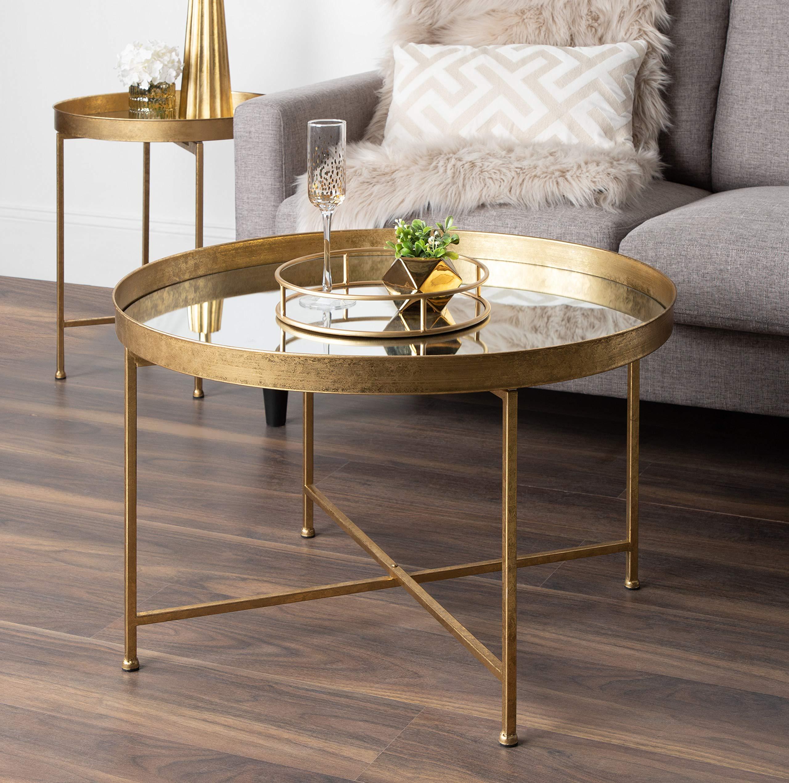 Kate and Laurel Kate and Laurel Celia Metal Foldable Round Accent Coffee Table, 28.25" x 28.25" x 19", Mirrored Surface and Gold Frame, Modern Minimalist Design and Detachable Magnetic Tabletop
