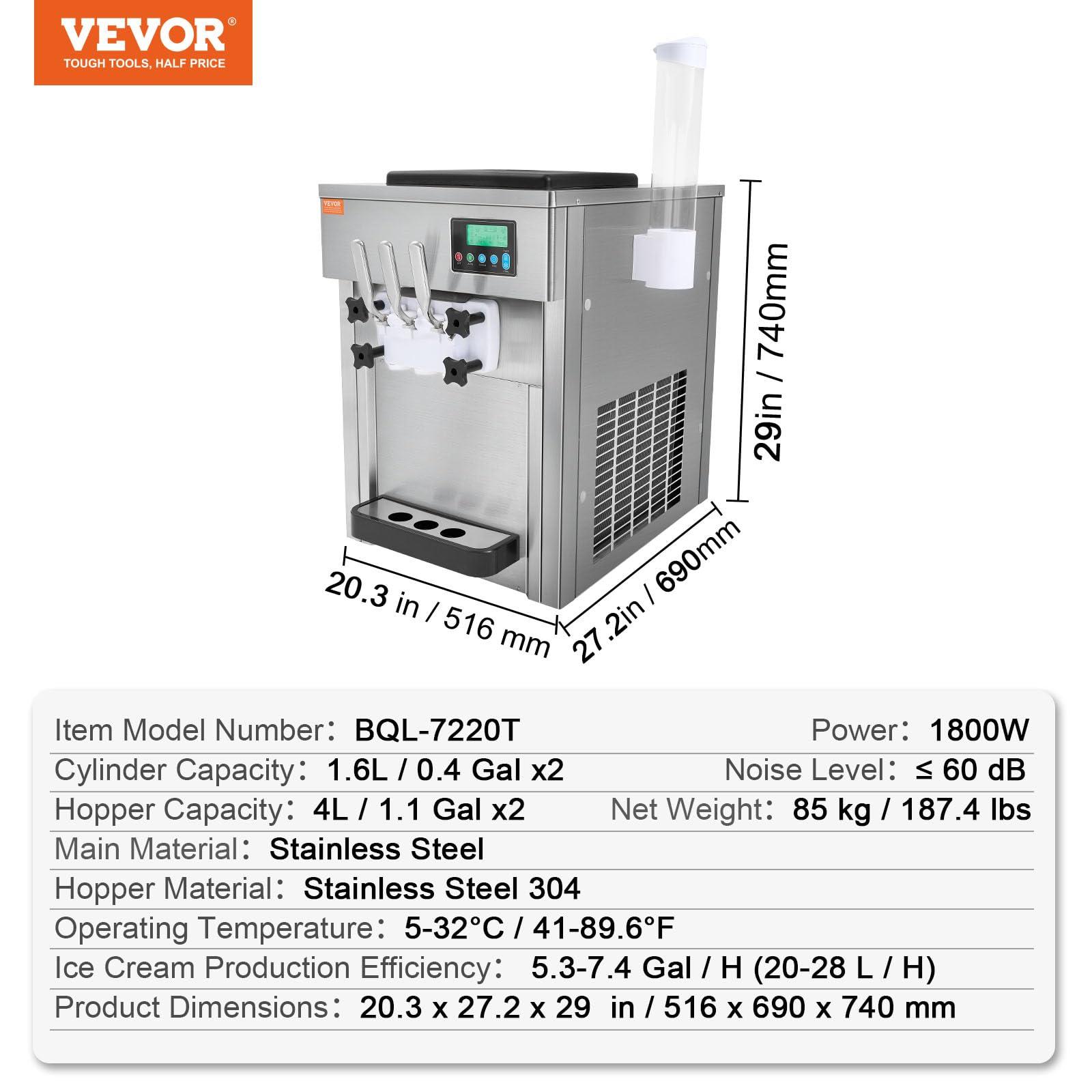 VEVOR VEVOR Commercial Ice Cream Machine, 21 QT/H Yield, 1800W 3-Flavor Countertop Soft Serve Ice Cream Maker, 2 x 4L Hopper 2 x 1.8L Cylinder, LCD Panel Auto Clean Pre-cooling, for Restaurant Snack Bar