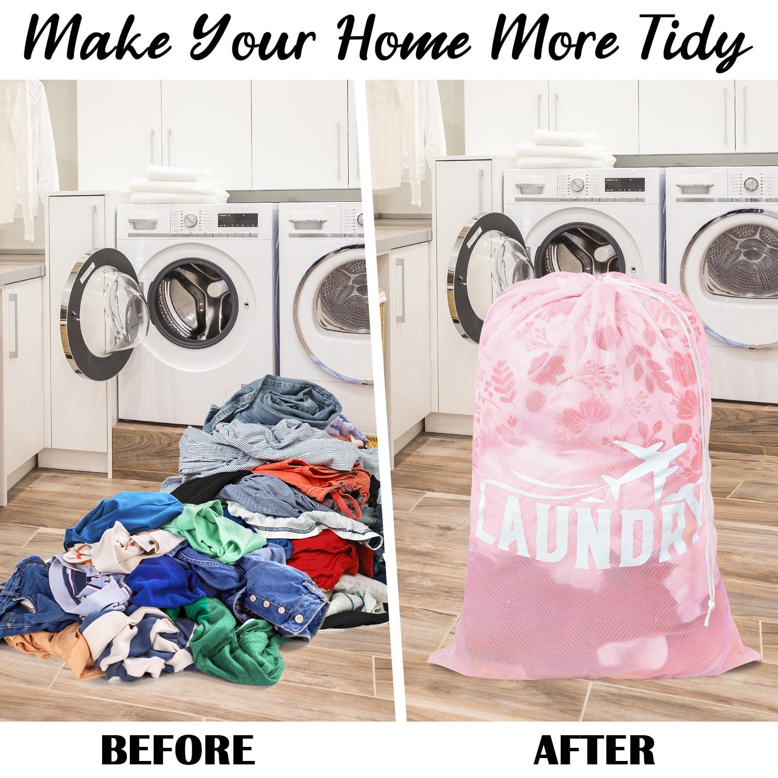 Fiodrimy 2 Pack Large Mesh Laundry Bag, Heavy Duty Laundry Bags with Drawstring, Laundry Hamper Liner, Machine Washable, for Travel, Storage, Sports, Dorms and Apartment Dwellers, 24 x 36 Inches (Pink+Green)