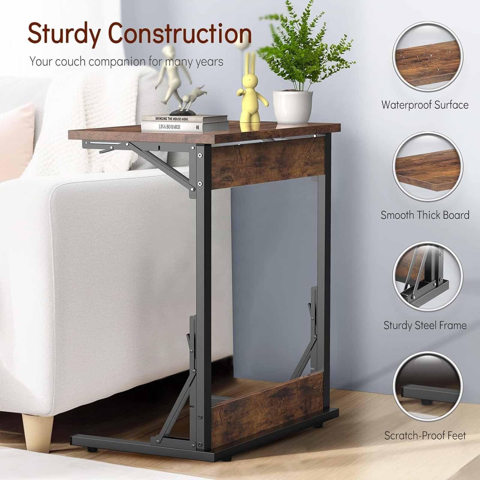 RYDZCLH RYDZCLH 24\" Upgraded Folding TV Tray Table, Foldable C Shaped End Table for Couch, TV Dinner Tray, Small Sofa-Side Laptop Desk for Living Room Bedroom, Rustic Brown