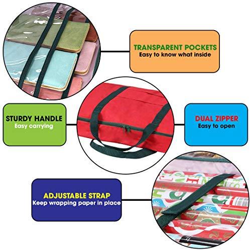 Primode Primode Christmas Wrapping Paper Storage Bag with Pockets | Gift Wrap Organizer Container | 37 x 14 x 4 | Underbed Durable Box Made of 600D Oxford Material (Red)