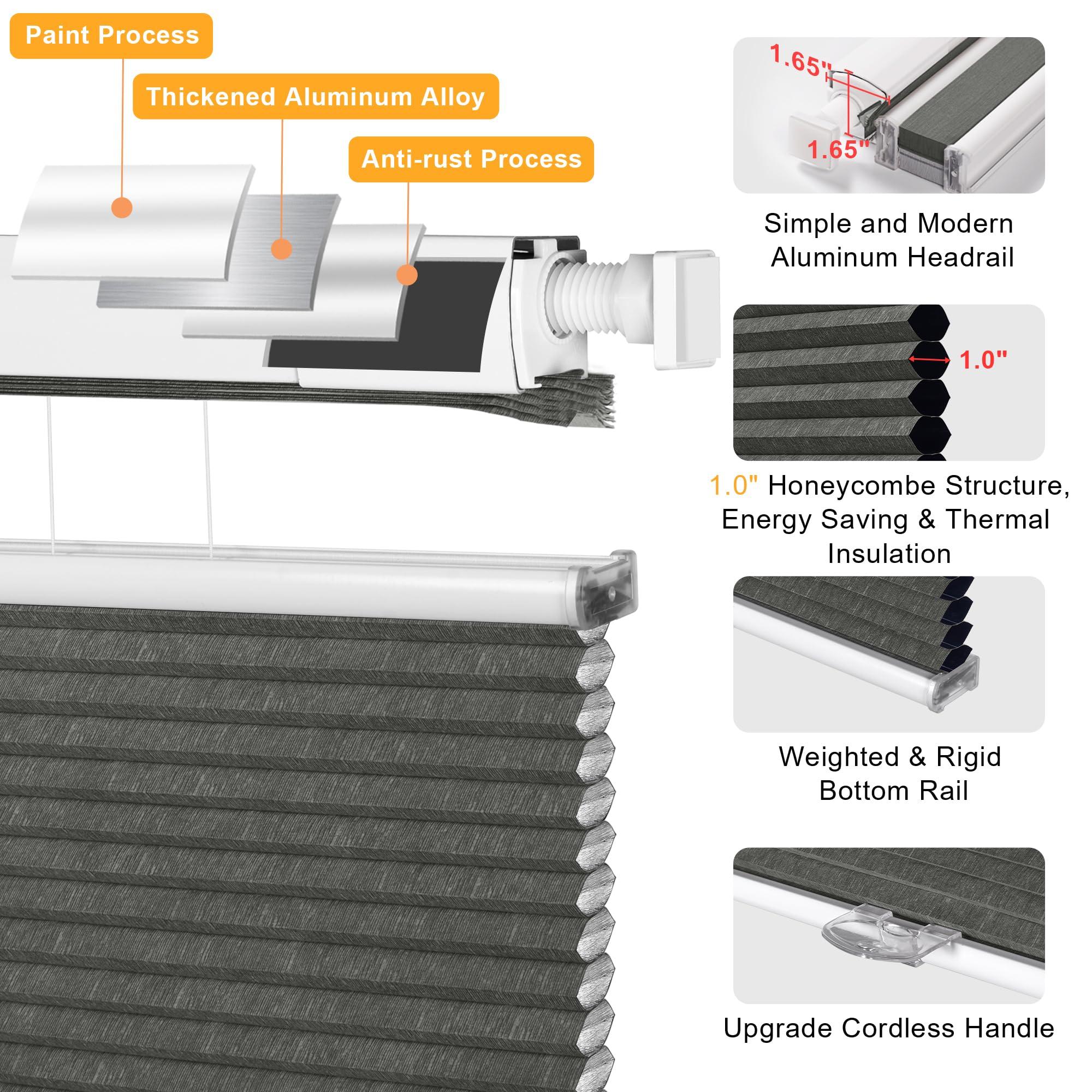BERISSA BERISSA Top Down Bottom Up Cellular Shades No Tools No Drill Blinds for Windows Stripe Jacquard Fabric Cordless shades for Indoor Windows Easy to Install Cellular Blinds For Office(24.5"W x 56"H)Gray