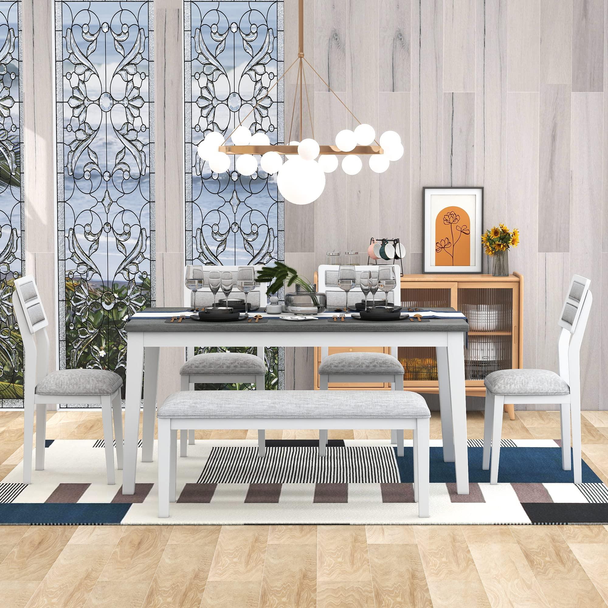 Bellemave 6 Piece Dining Table Set with Bench, Rectangle Dining Table with 4 Upholstered Chairs & a Bench, Kitchen Table Chairs Set for 6 Persons, Wood Dining Room Set (White+Gray)