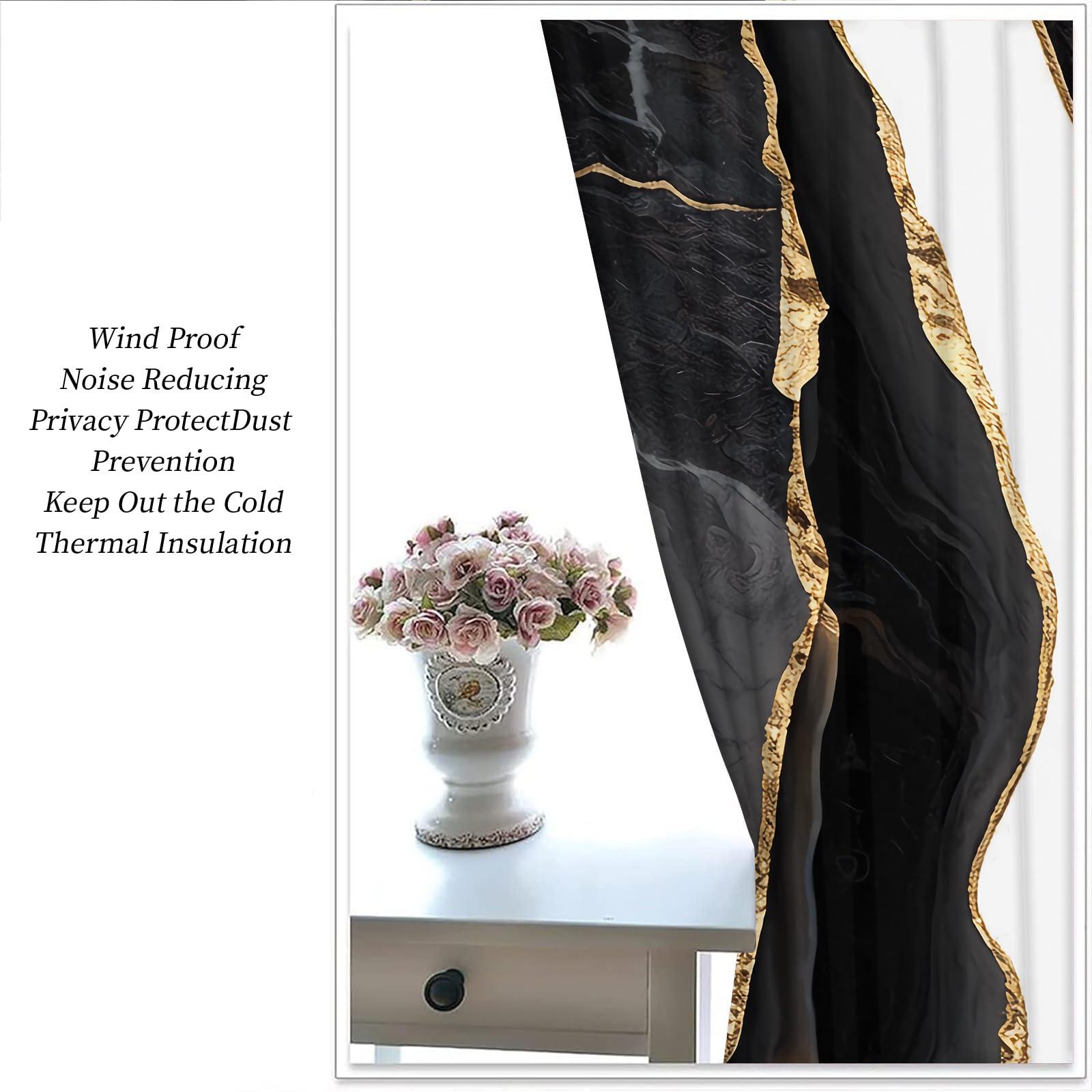 LNUEFE Abstract Black Grey Marble Blackout Curtains, Black and White Marble Golden Stripes Curtain Panels for Bedroom - Grommet Thermal Insulated Room Darkening Curtains for Living Room 108" W x 84" L