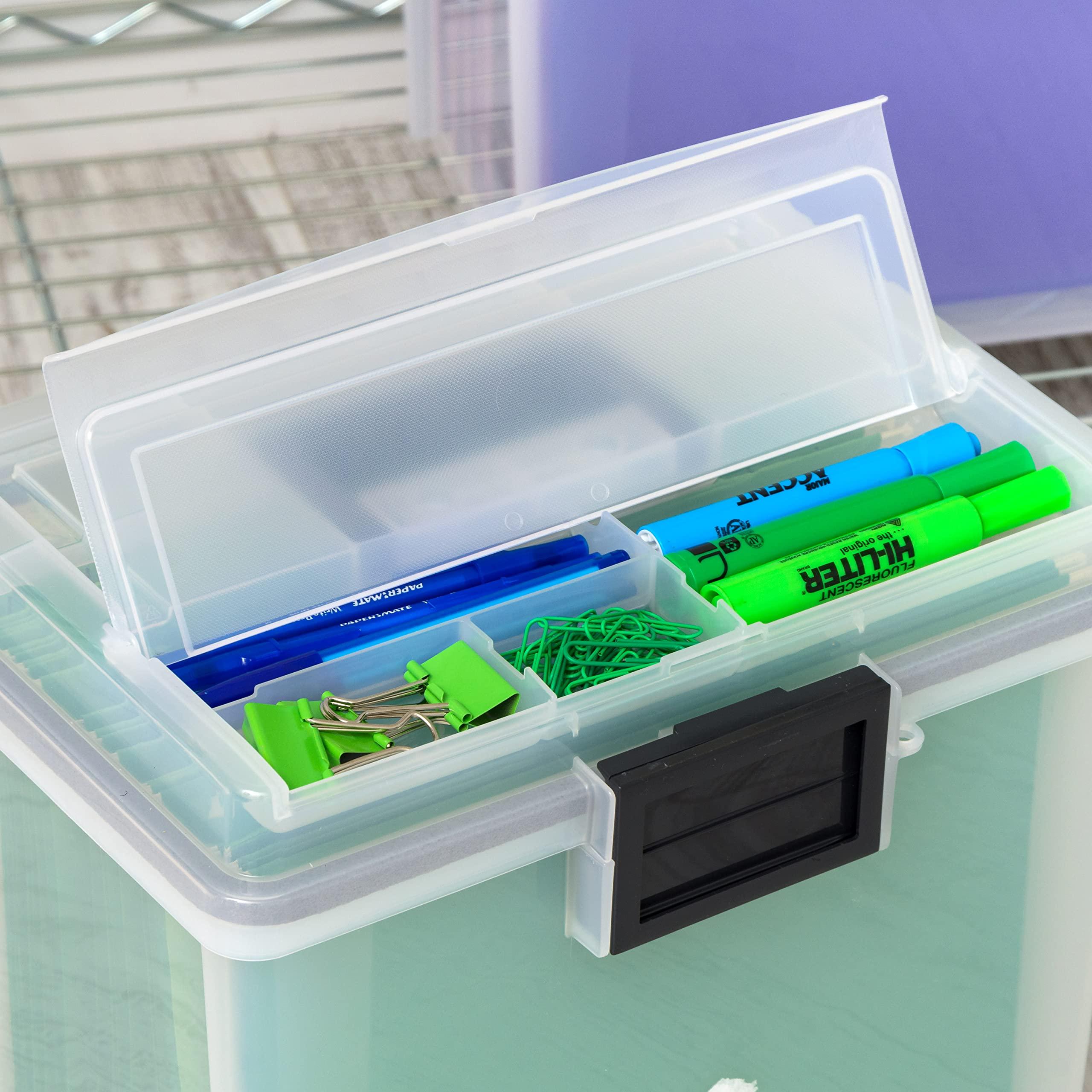 IRIS USA, Inc. IRIS USA File Box WeatherPro Portable File Organizer Plastic File Box for Letter File w/ Organizer-Lid, Durable Lid and Gasket Seal, Secure Latching Buckles, Stackable, Lockable, Clear 19 Qt. 4 Pack