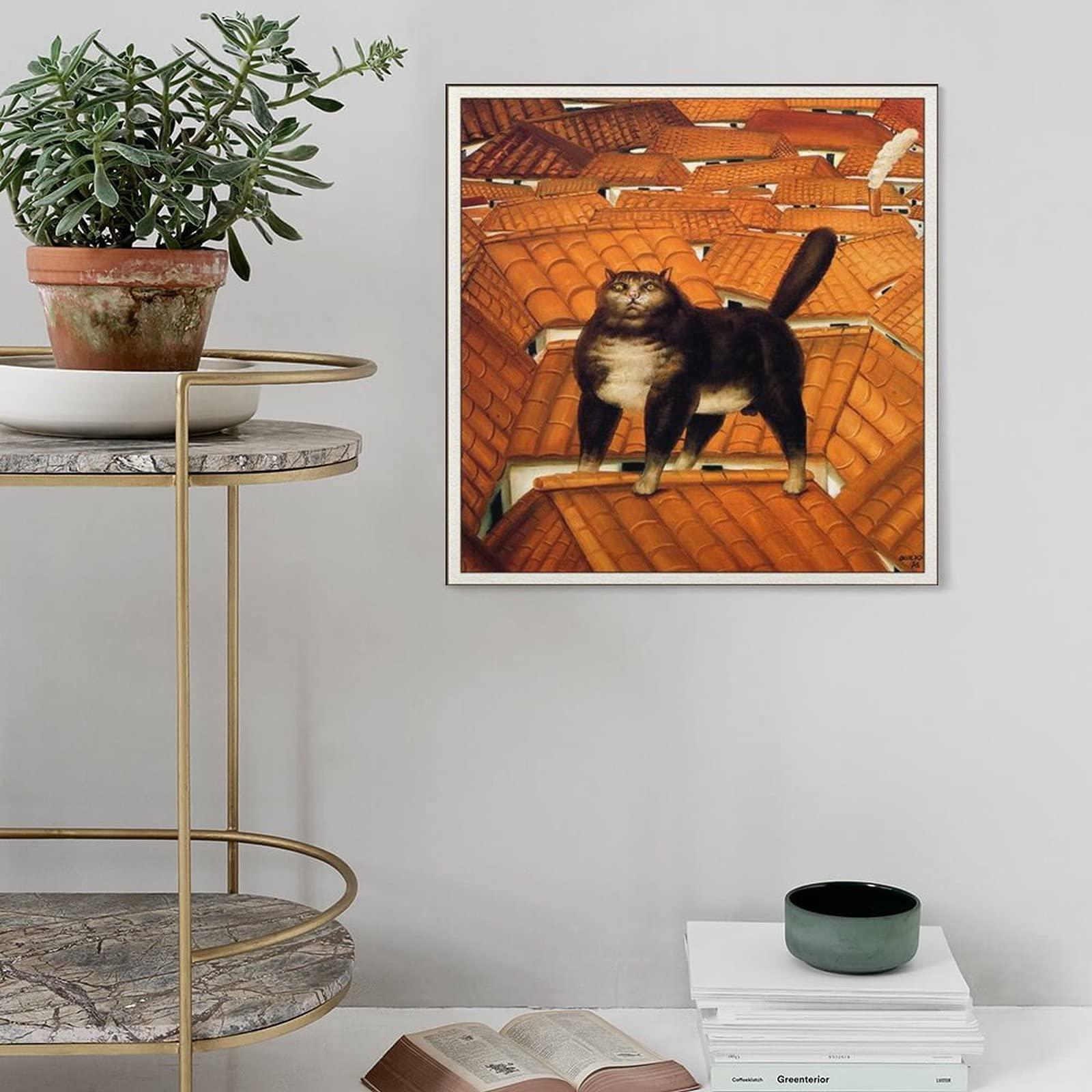 Generic Fernando Botero -Cat on A Roof Print Photo Art Painting Canvas Poster Home Decorative Bedroom Modern Decor Posters Gifts 24x24inch(60x60cm)