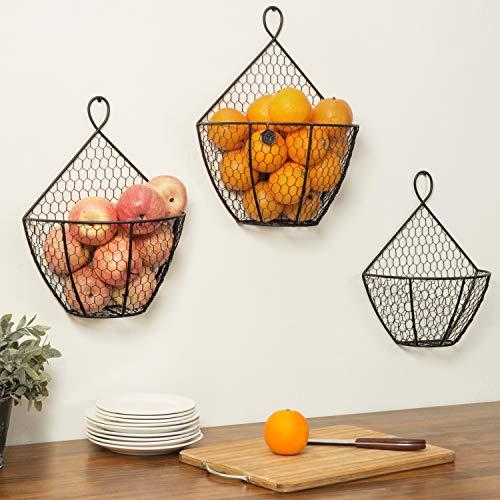 MyGift MyGift Wall Mounted Brown Metal Chicken Wire Hanging Fruit Basket, Country Farmhouse Kitchen Vegetables and Produce Storage Bin, Set of 3