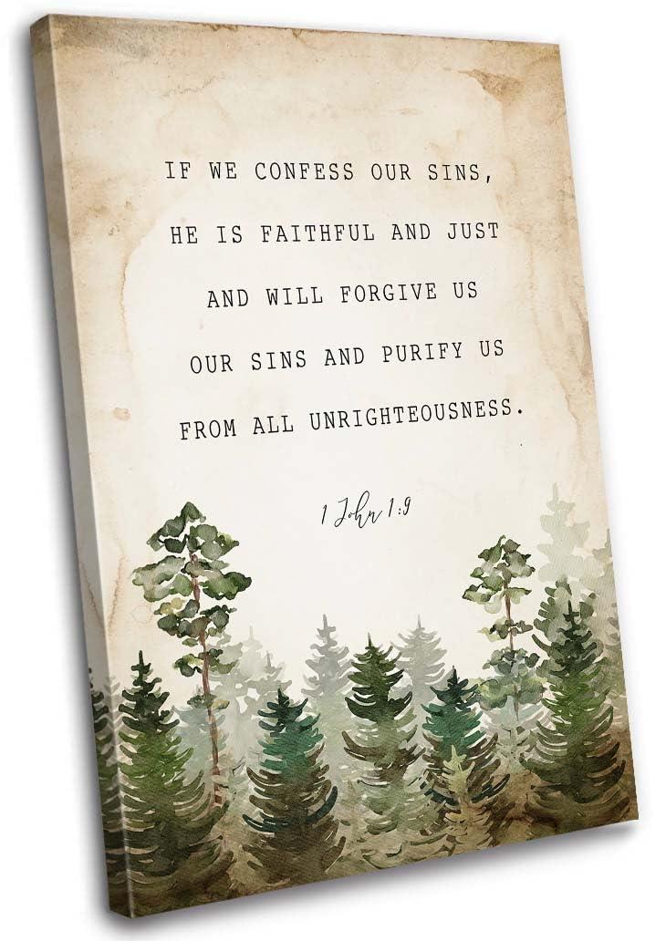 Liuannx Liuannx 1 John 1 9 Bible Scripture Wall Art Prints If We Confess Our Sins Bible Verse Posters Picture Canvas Bedroom Decoration Home (24.00\'\'x36.00\'\',Framed)