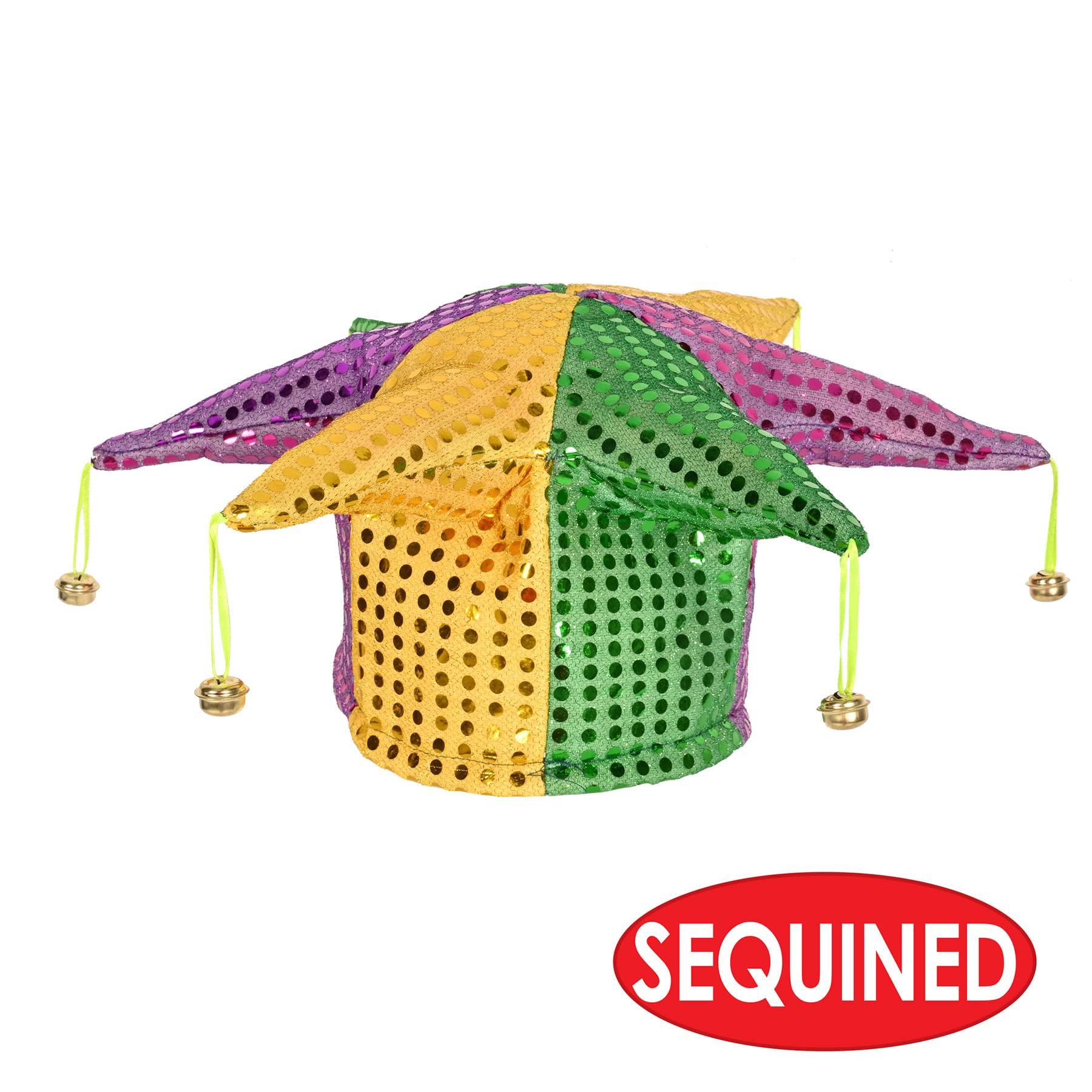 Beistle Beistle Glitz \'N Gleam Jester Hats, 3 Pack, Sequined Mardi Gras Costume Headwear with Bells in Green Gold and Purple for New Orleans Parties and Festive Celebrations