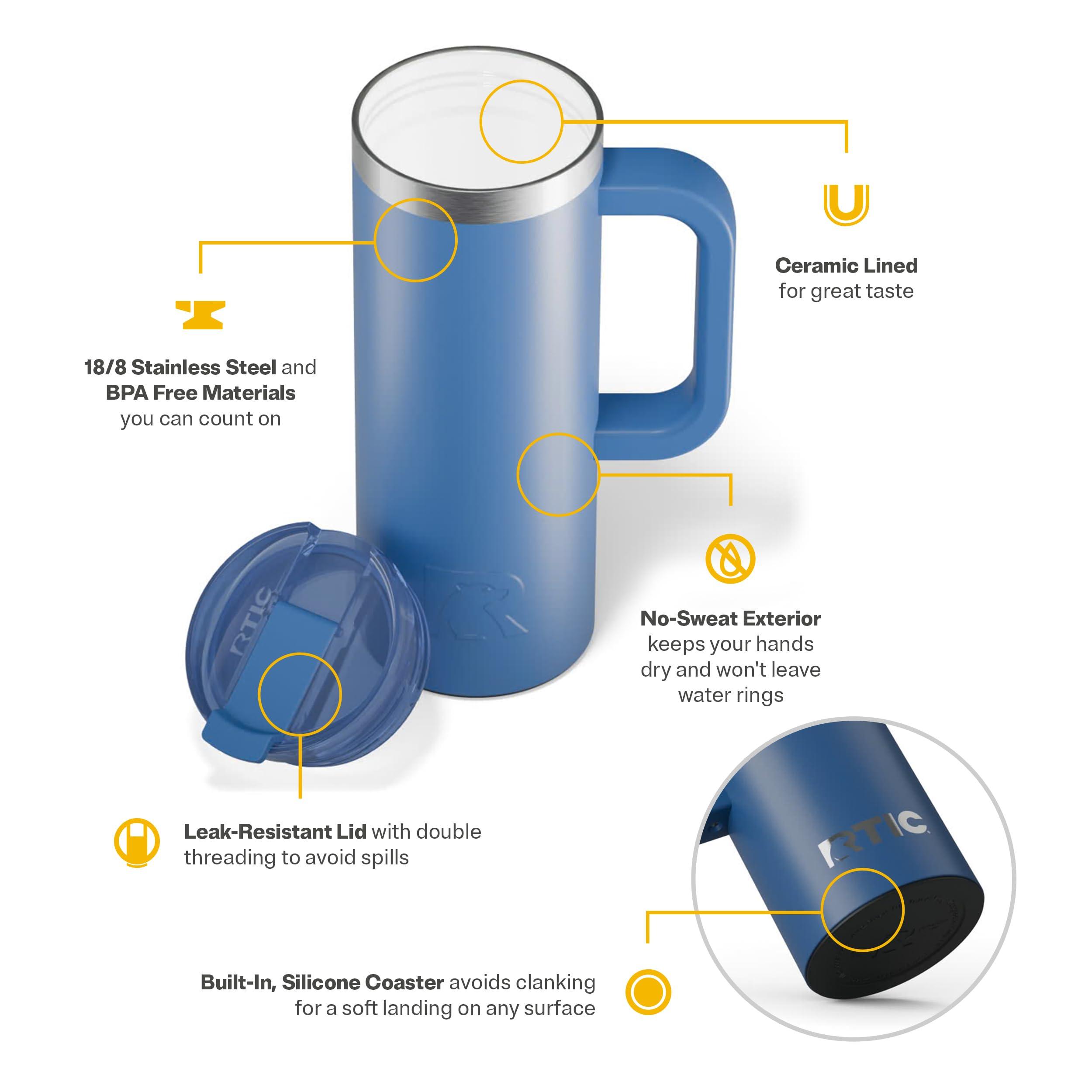 RTIC RTIC 20oz Road Trip Travel Mug with Lid and Handle, Insulated, Stainless Steel, Metal, Double Wall Vacuum-Insulation, Ceramic Lined, Portable Coffee, Tea Cup for Hot and Cold Drink, Pond