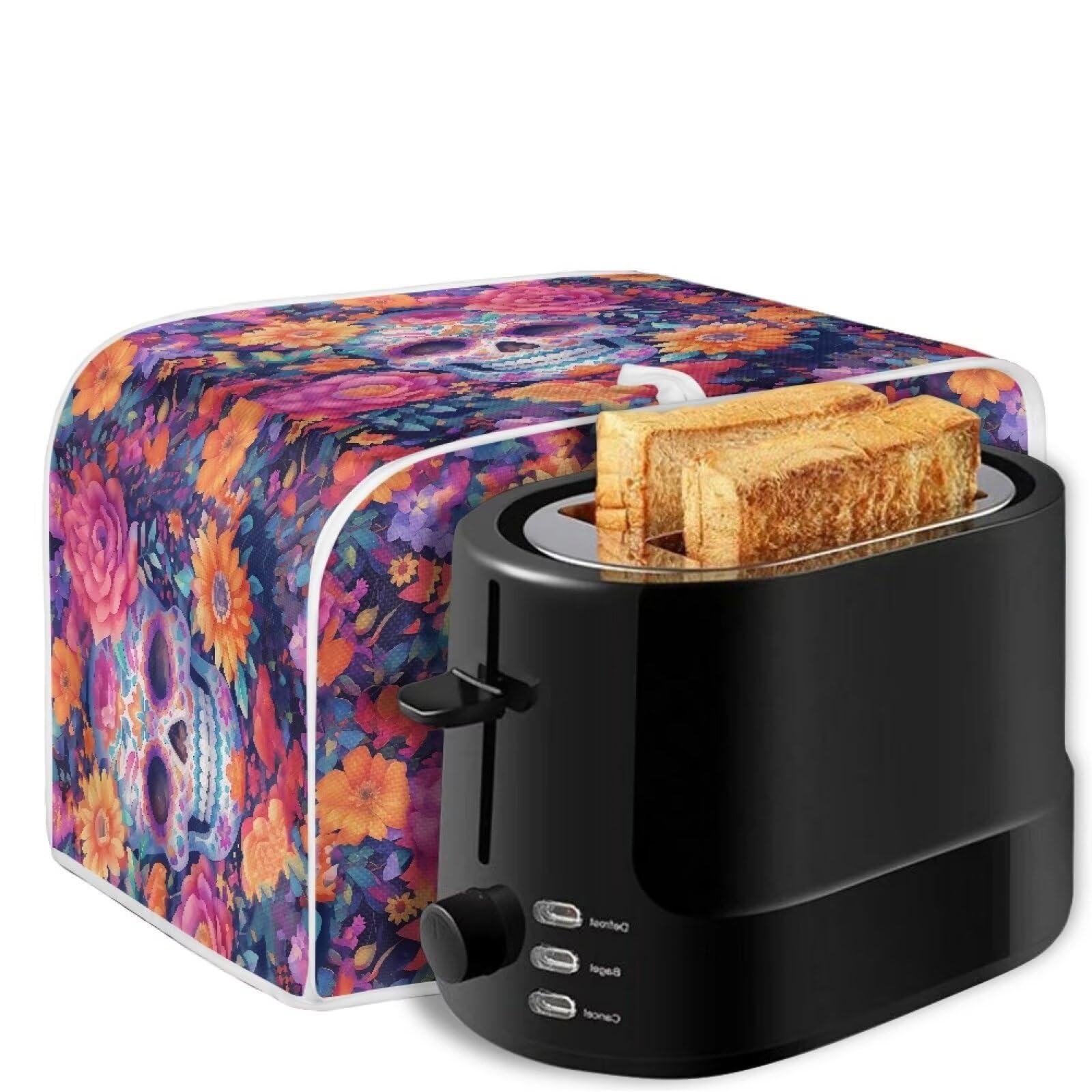 Xarleslyna Xarleslyna Mexican Skull Floral Toaster Cover 4 Slice, Day Of The Dead Flowers Small Kitchen Appliance Foldable Dust Covers Home Decor, Water Resistant