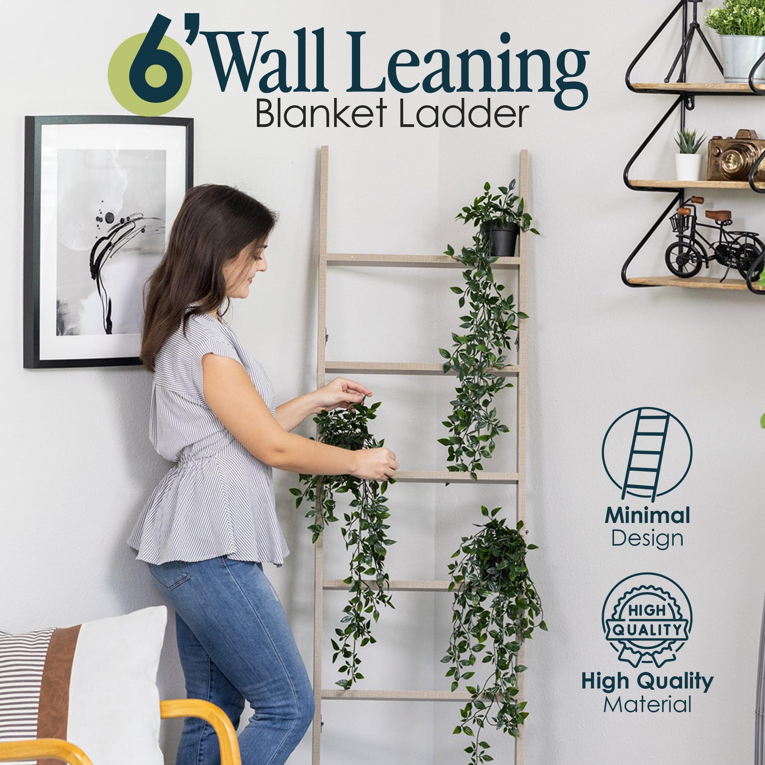 RELODECOR Blanket Ladder for Living Room and Bedroom, 5ft 8 inch, 6-Tier Wall Leaning Laminate Snag Free Construction (Smokey Oak) Rustic Decorative Farmhouse Blanket Storage, Quilt Rack, Ladder Shelf