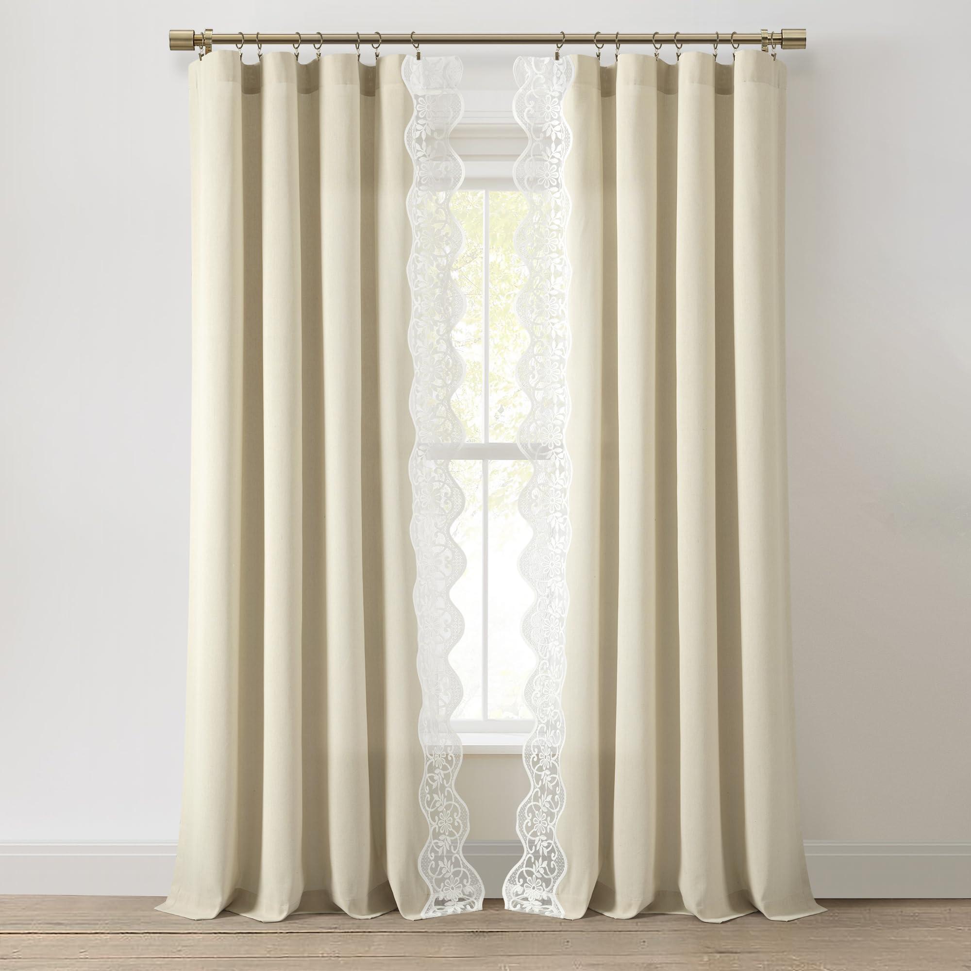 Lush Decor Lush Decor Scallop Edge Lace Border Window Curtain Panel, Single, 52" W x 84" L, Neutral & Off White - Lace Curtains - Scalloped Lace Trim- Vintage Curtains for Bedroom, Living or Dining Room