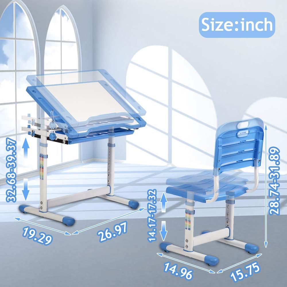 Dkeli Kids Desk and Chair Set Adjustable Height Ergonomic Children's Table with Storage Drawer Kids Study Homework Desk Table for 3-15 Kids (Blue)