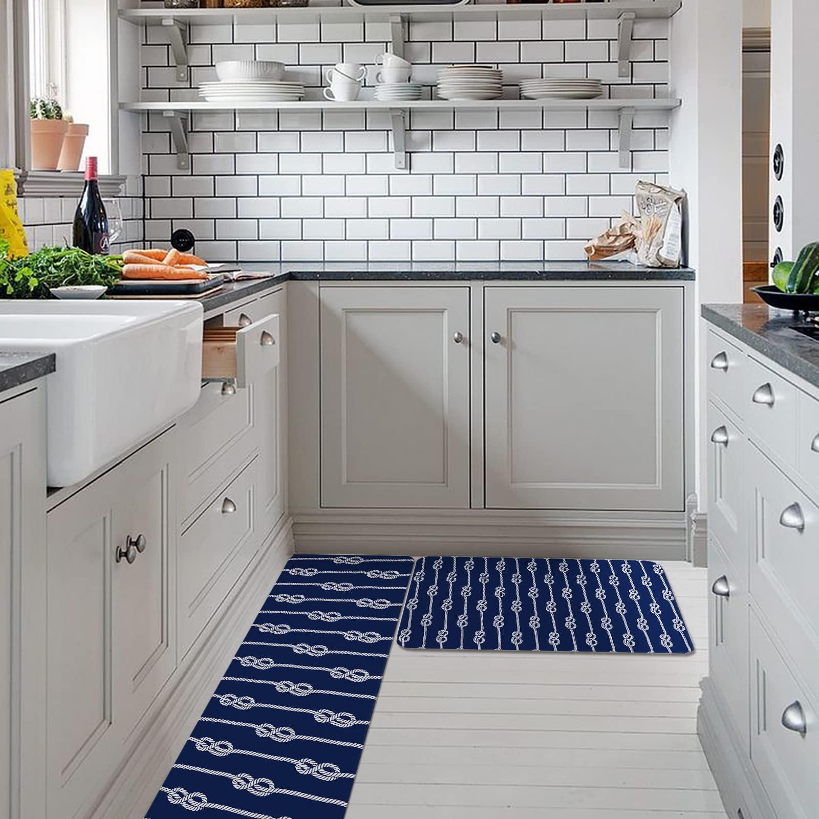 BOBOWUNY Nautical Knot Kitchen Mats and Rugs Set of 2, Ocean Beach Sailboat Navy Blue Washable Absorbent Kitchen Runner Rug Carpet Anti-Fatigue Comfort Mat for Bathroom Laundry 20x32+20x63