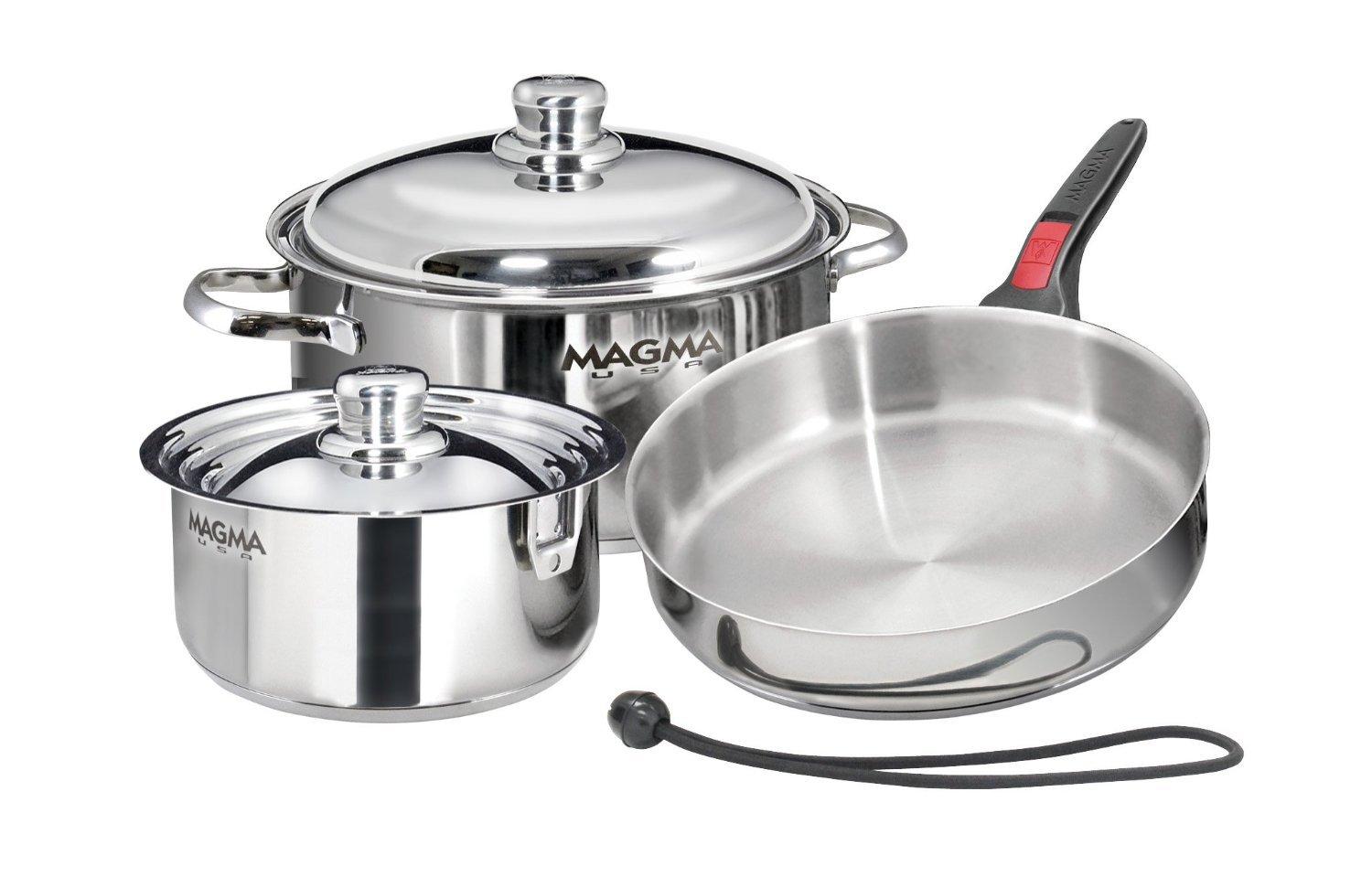 MAGMA Magma 7 Piece Gourmet Nesting Stainless Steel Cookware Set, Induction Compatible, Oven Safe to 500F - Suitable for All Stovetops, Removable Handles, Black