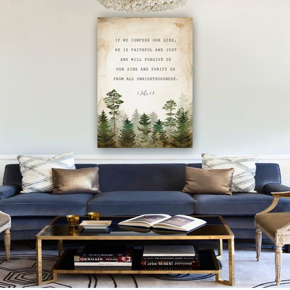 Liuannx Liuannx 1 John 1 9 Bible Scripture Wall Art Prints If We Confess Our Sins Bible Verse Posters Picture Canvas Bedroom Decoration Home (24.00\'\'x36.00\'\',Framed)