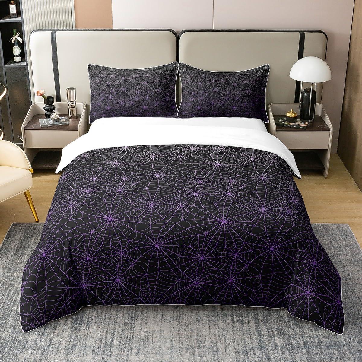 Erosebridal 100% Cotton Spider Web Bedding Set Full Size Halloween Duvet Cover Geometric Stripes Lines Comforter Cover Purple Ombre Quilt Cover for Adult Men Women Soft Comfy Bedroom Decor, Black White