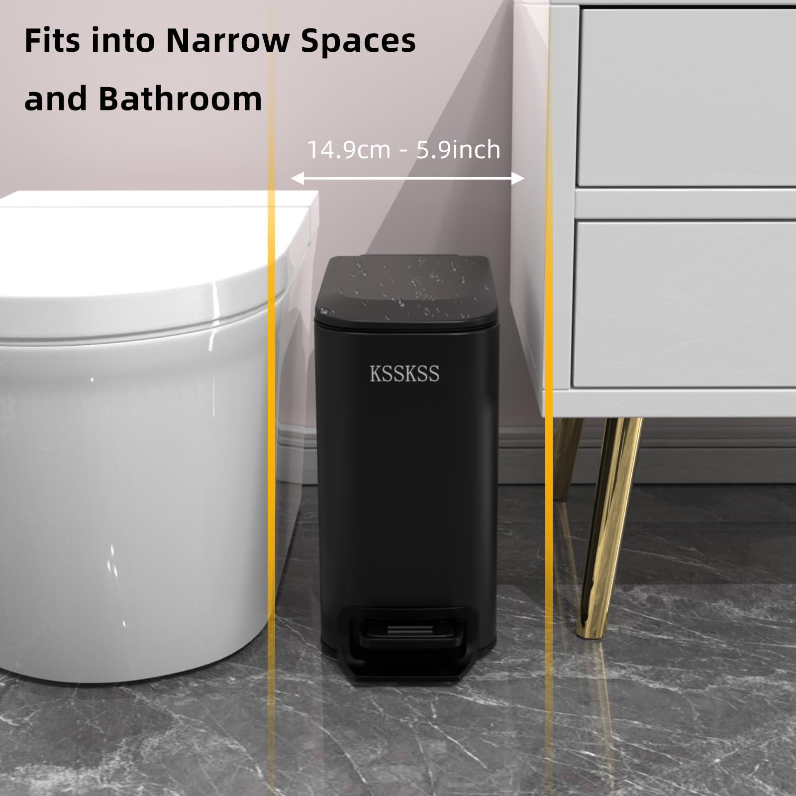 KSSKSS KSSKSS Small Bathroom Trash Can with Soft Close Lid, 6L / 1.6 Gallon Stainless Steel Garbage Can with Removable Inner Bucket, Step Pedal, Slim Wastebasket for Bedroom, Home Office (Matt Black)