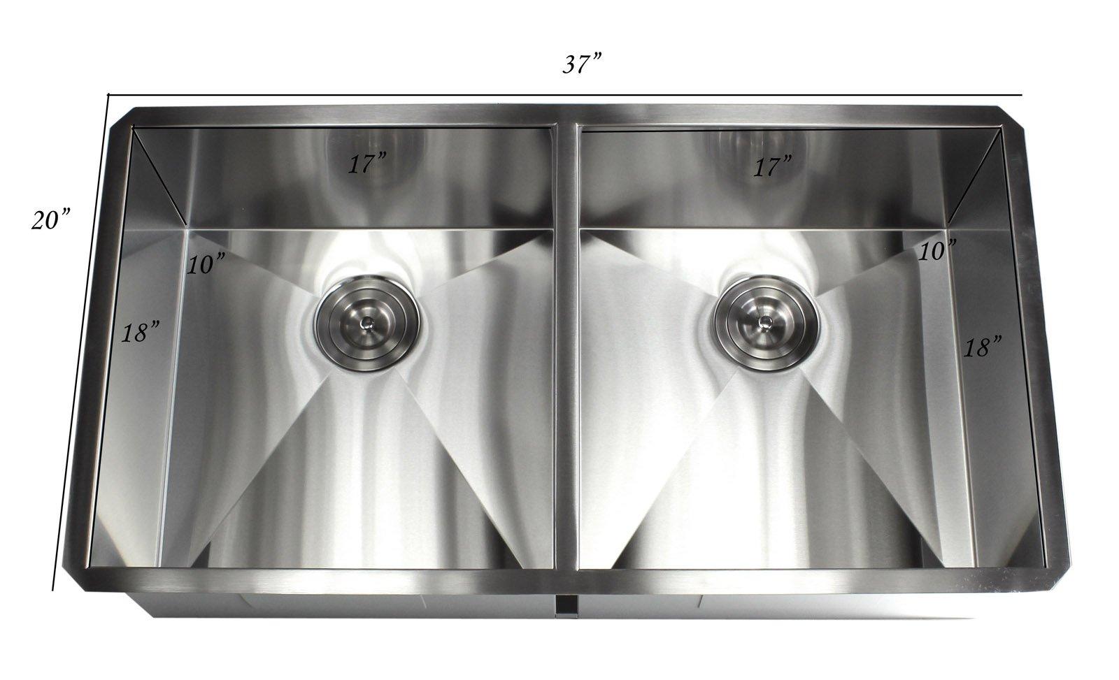 CONTEMPO LIVING 37 Inch Zero Radius Design 16 Gauge Undermount Double 5050 Bowl Stainless Steel Kitchen Sink Premium Package