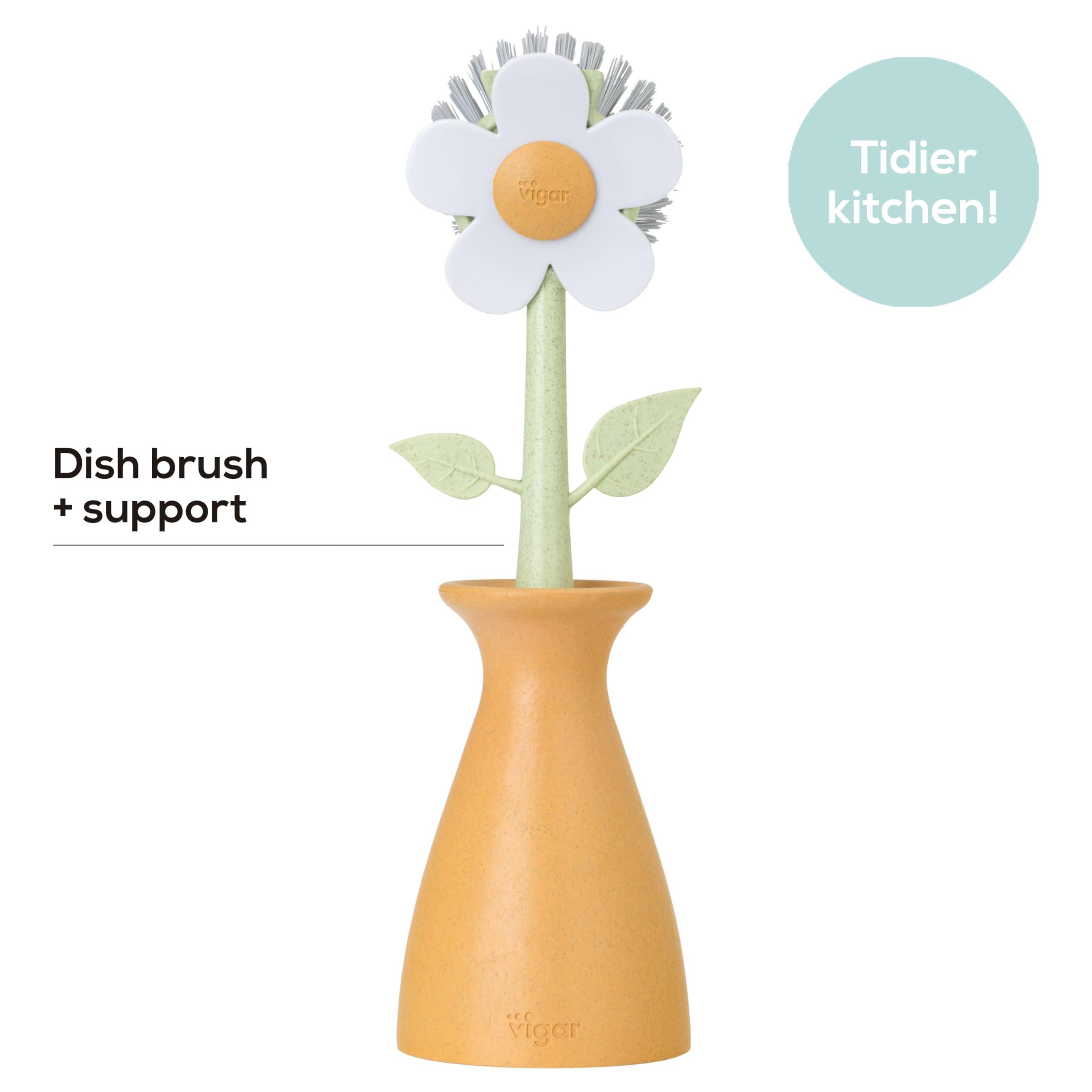 Vigar Vigar Florganic Daisy-Shaped Dish Brush with Vase Dish Brush Holder, Dish Brush with Handle, for Pot Scrubber, Kitchen Dishes, and Sink Cleaning, Orange
