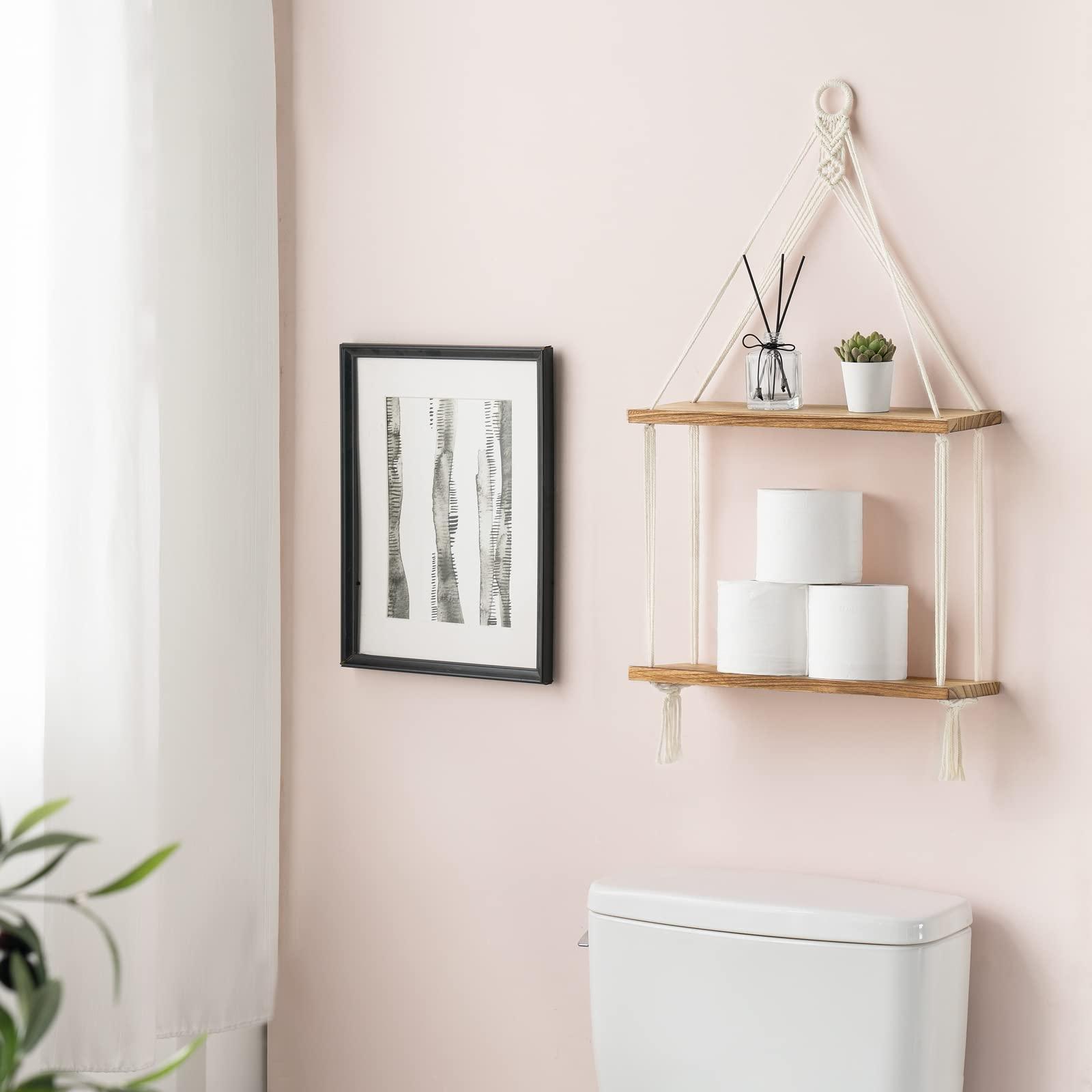 Mkono Mkono Leather Strap Swing Organizer and Macrame Hanging Shelf Boho Wall Decor 2 Tier Handmade Cotton Rope Rustic Wood Floating Shelves