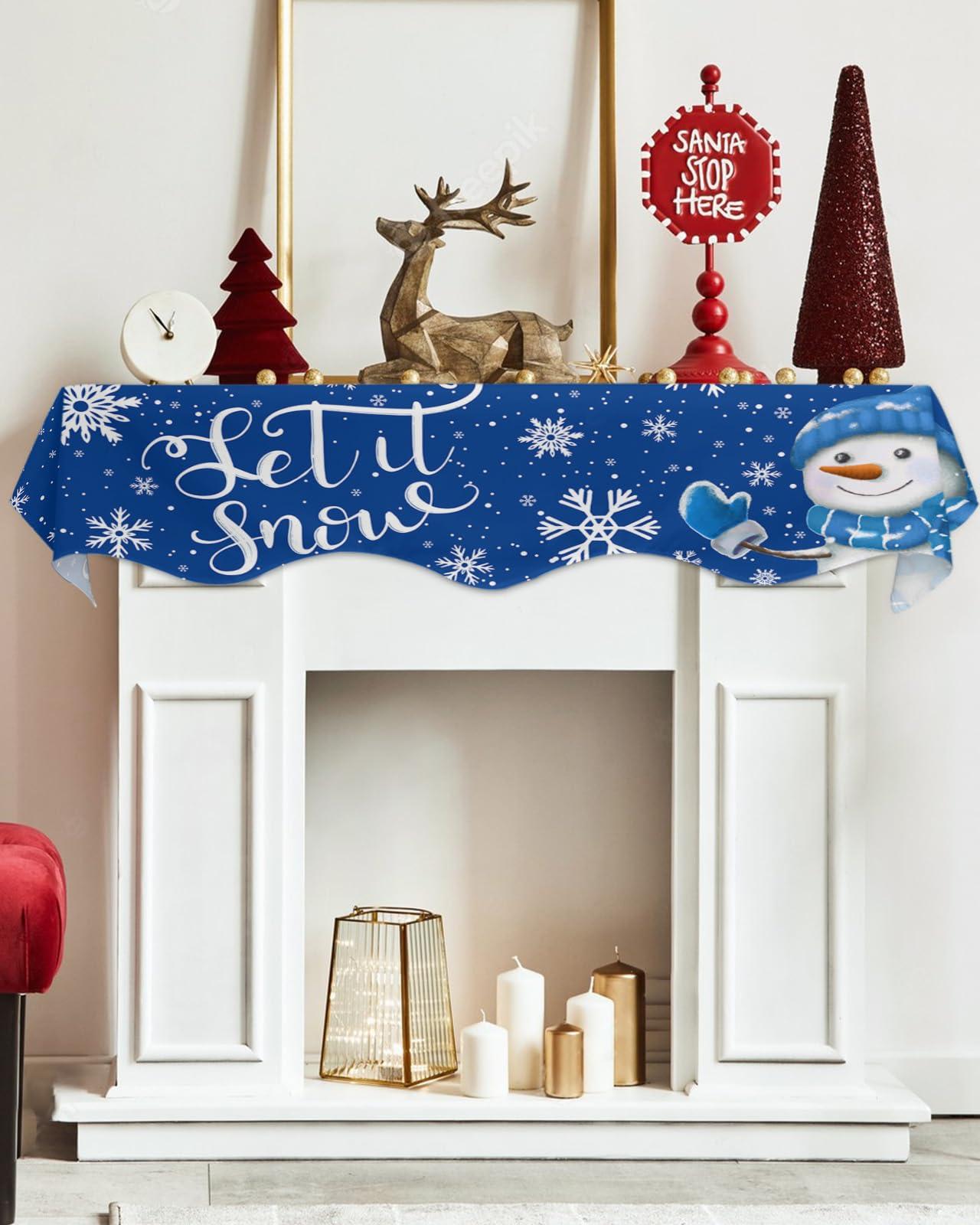 Falaniique Blue Christmas Fireplace Mantel Scarf Cover, Mantel Shelf Top Scarf Runner for Christmas Halloween Thanksgiving Fall Indoor Decorations Winter Snowflake Snowman 70\'\' L x 17\'\' W