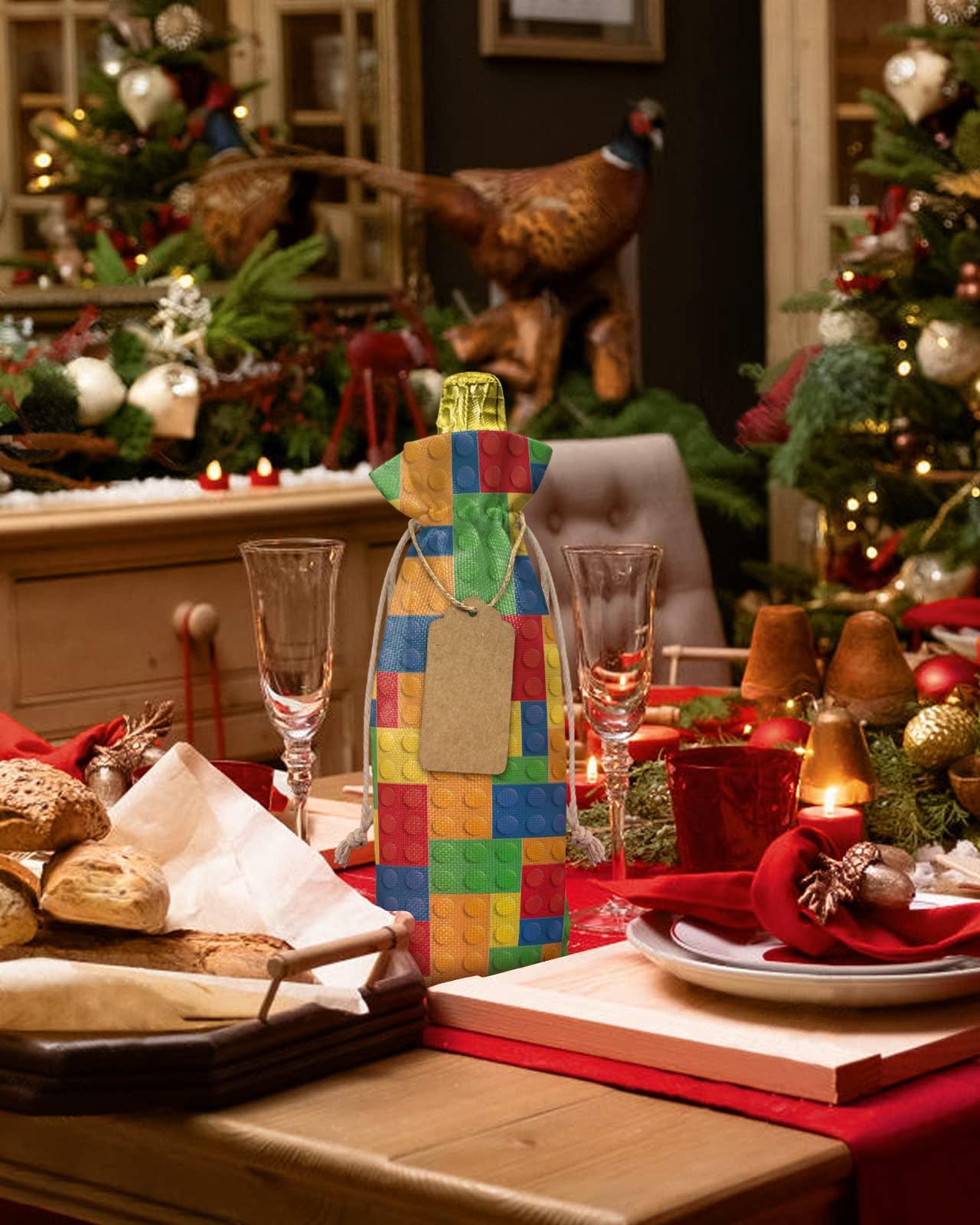 PIEPLE PIEPLE 10 Pack Wine Bottle Bags, Colorful Geometric Wine Bottle Cover with Drawstring, Gift Bag for Champagne, Wedding, Birthday, Christmas, Thanksgiving, Party Blue Orange Red Yellow Building Blocks