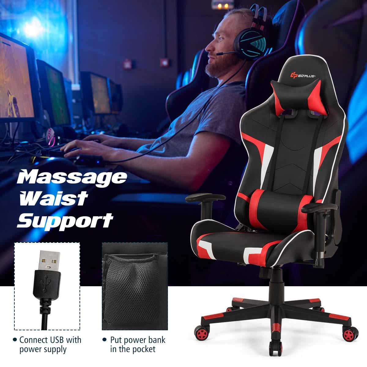 Goplus Goplus Gaming Chair, Massage Office Chair Computer Gaming Racing Chair, High Back PU Leather Adjustable Arms Headrest Ergonomic Reclining Game Chair, Rolling Swivel Executive Chair