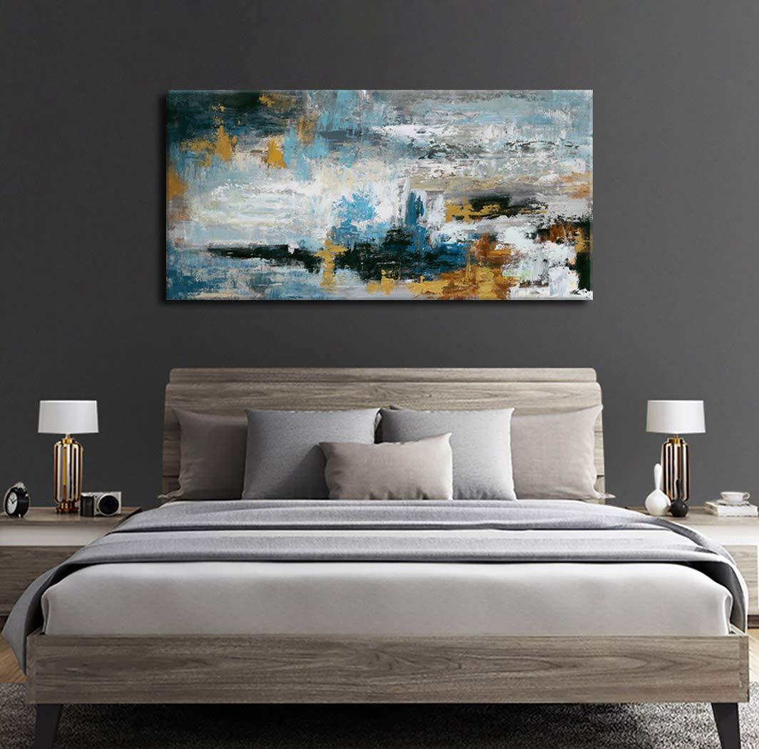 yearainn Abstract Wall Art Large Canvas Picture Modern Blue Grey Brown Artwork on Canvas Prints Wall Decoration for Living Room Bedroom Bathroom Kitchen Office Home Wall Decor Framed Ready to Hang 24" x 48"