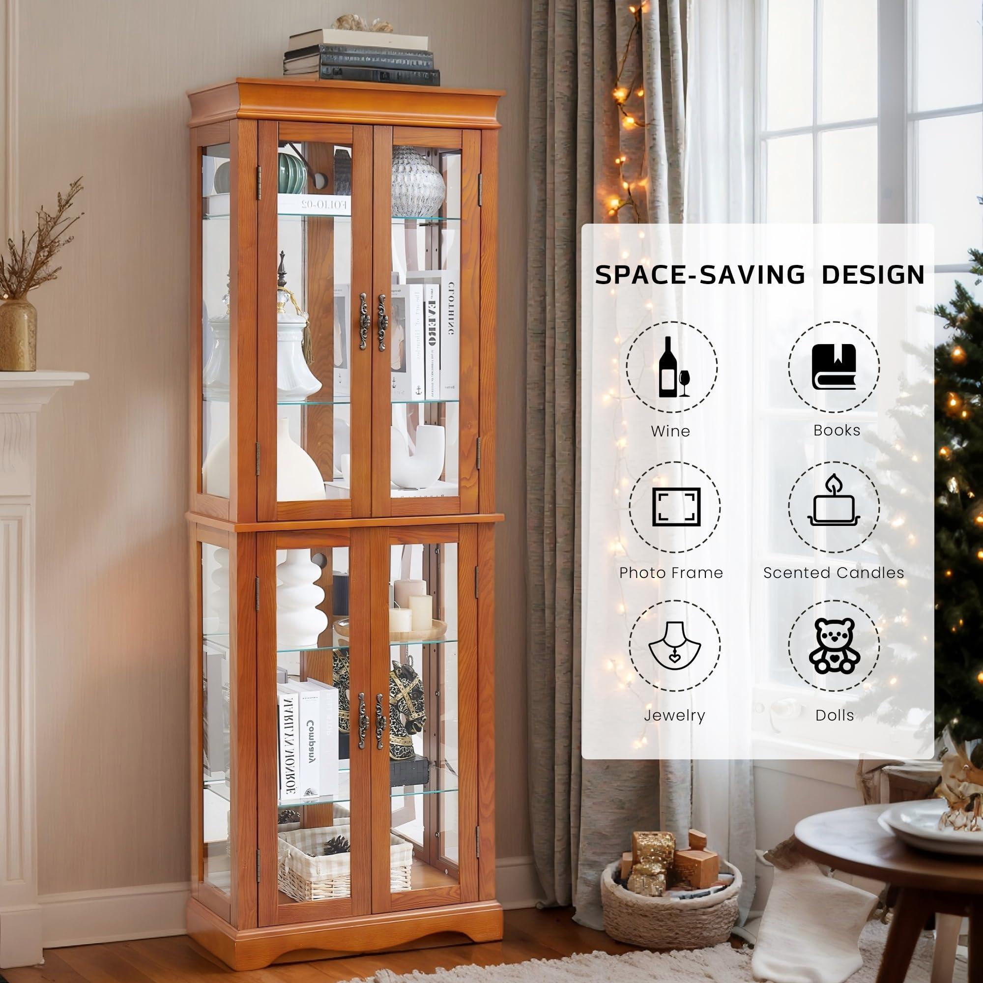 CKEASEAN CKEASEAN Curio Cabinet 71" Lighted Glass Display Cabinet, Wooden China Cabinet with 6 Adjustable Shelves, Tempered Glass Doors, Light Bulb Included, Rack for Living Room (Dark Oak)