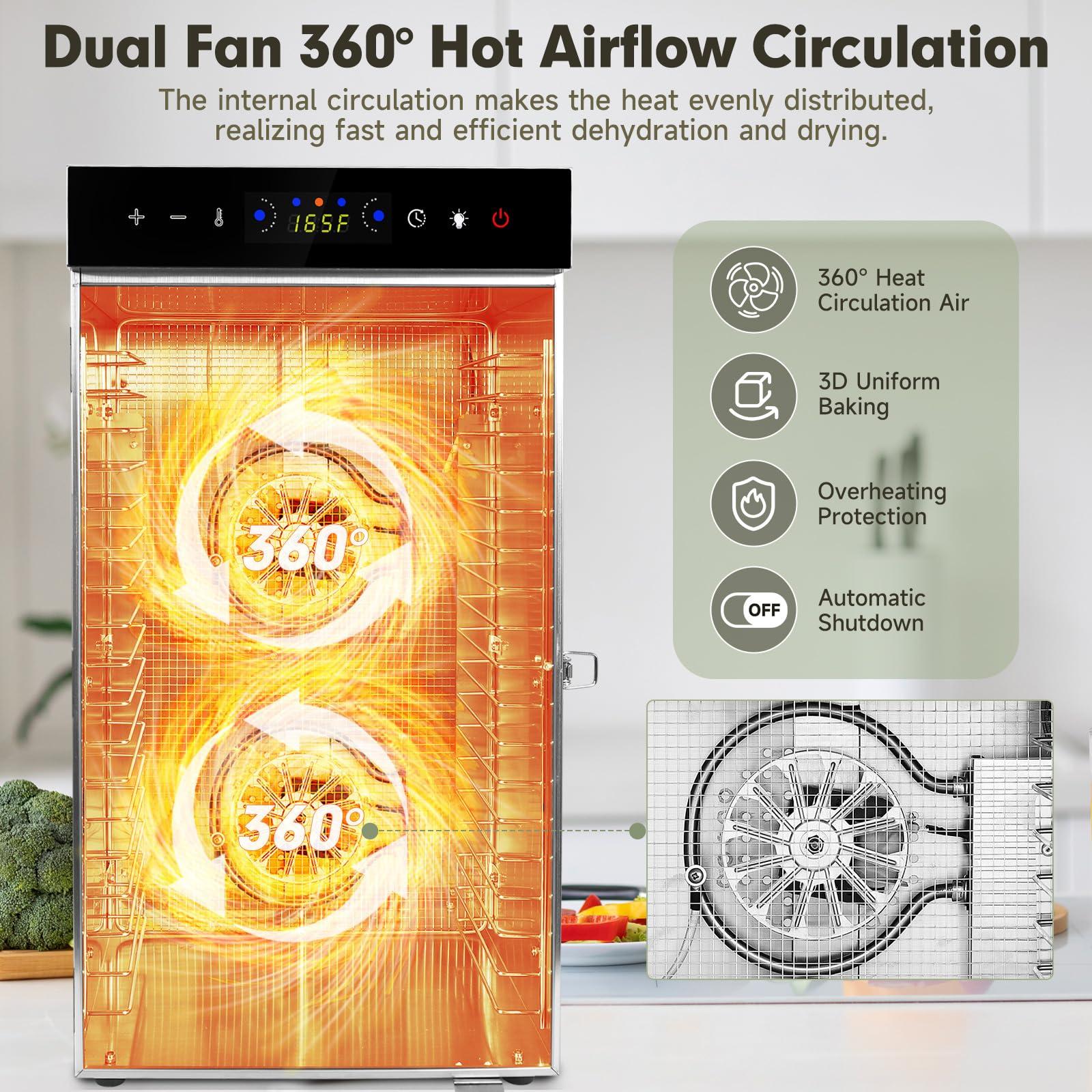 SUCISENI SUCISENI Commercial Food Dehydrator Machine 800W 18 Trays Stainless Steel Food Dehydrated Dryer with 24H Timer Touch-Control LED Display Over Heat Protection for Jerky Herbs Meat Beef Fruit Vegetables