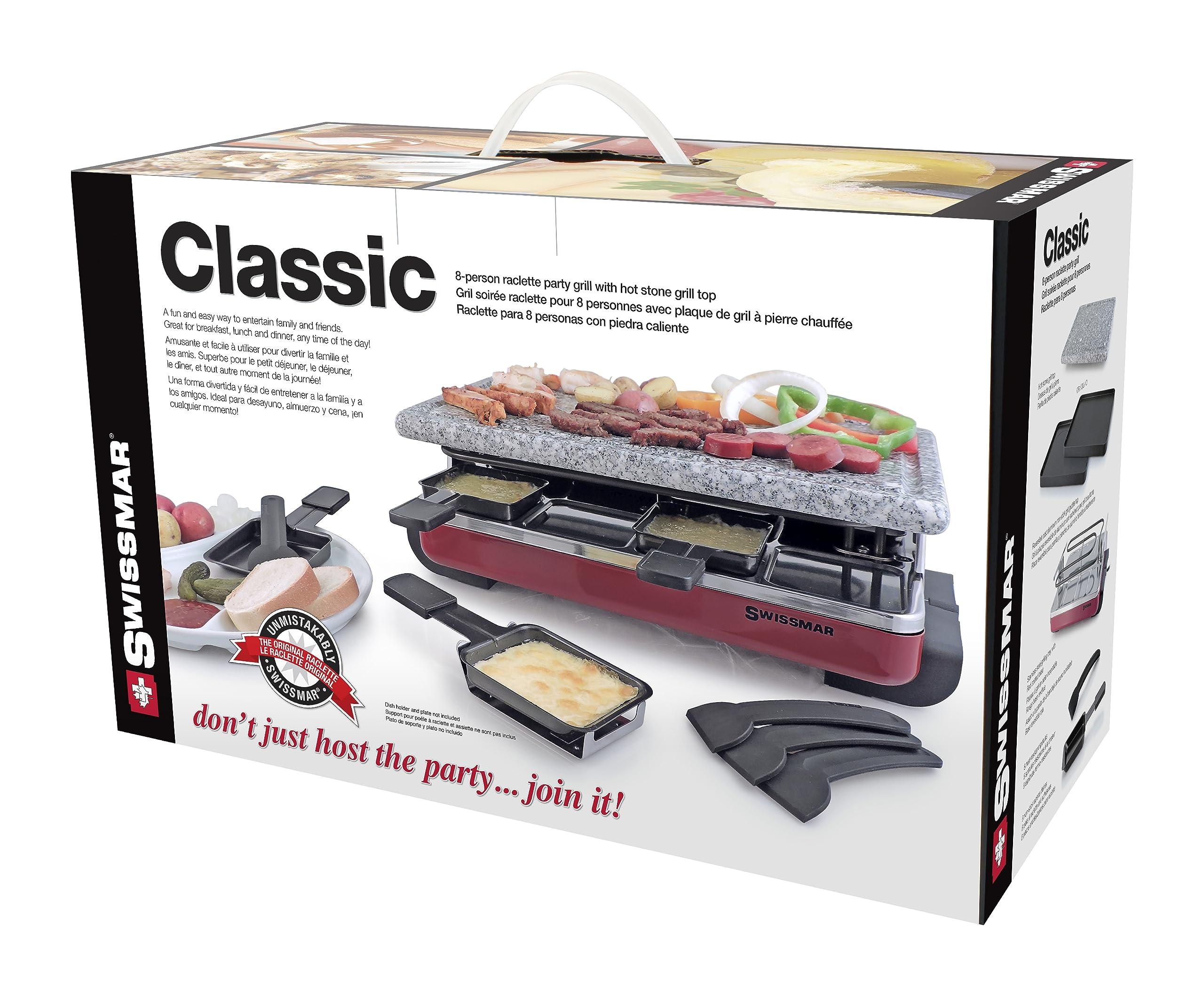 Swissmar Swissmar Classic 8-Person Raclette Party Grill - Indoor Electric Grill & Griller with Granite Stone Grill Plate - Red